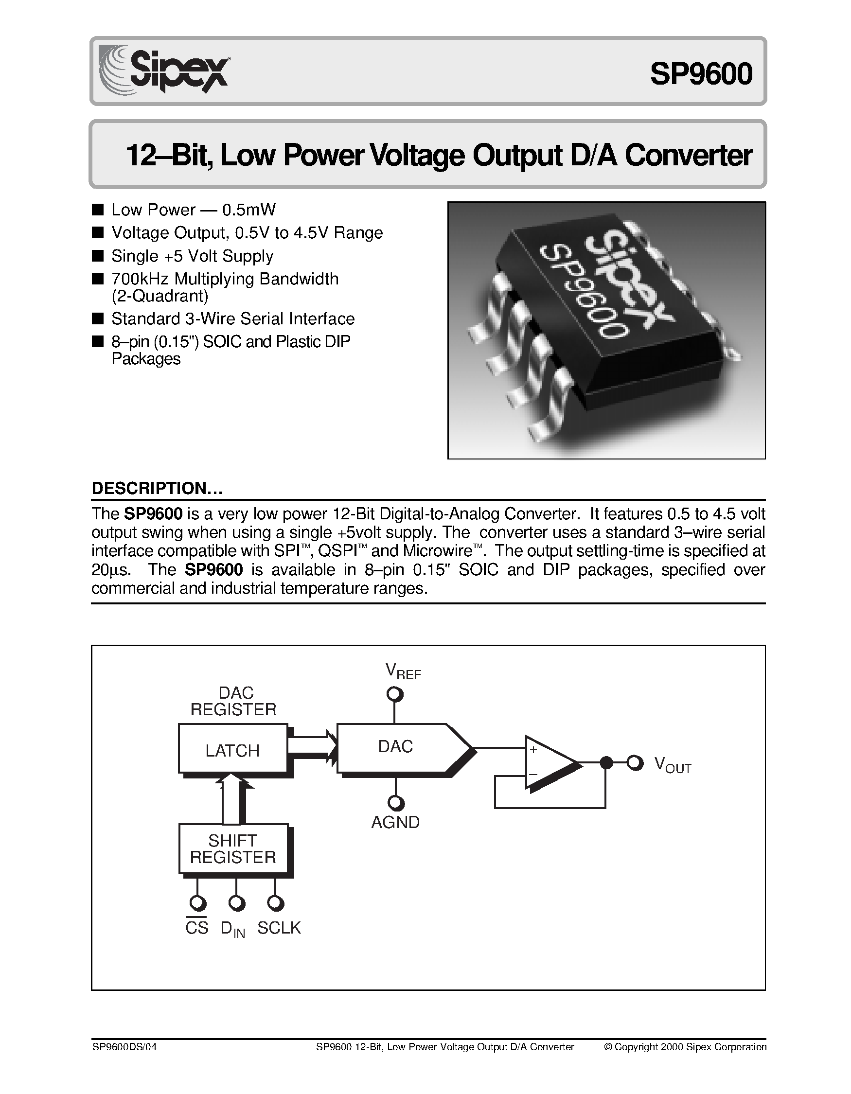 Даташит SP9600 - 12-Bit / Low Power Voltage Output D/A Converter страница 1