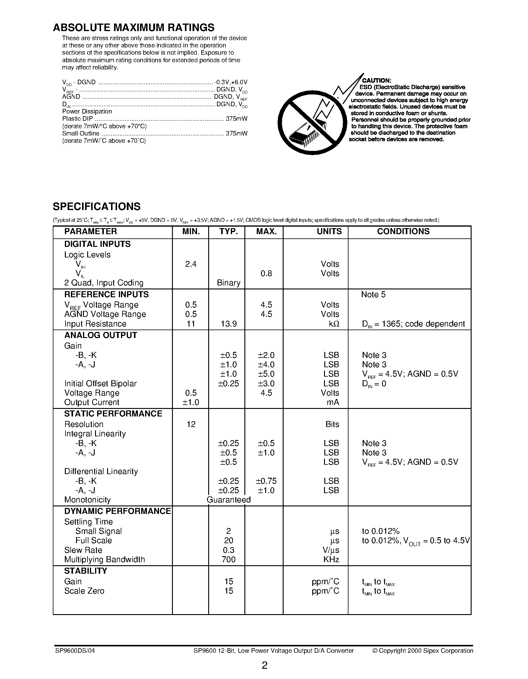 Даташит SP9600 - 12-Bit / Low Power Voltage Output D/A Converter страница 2