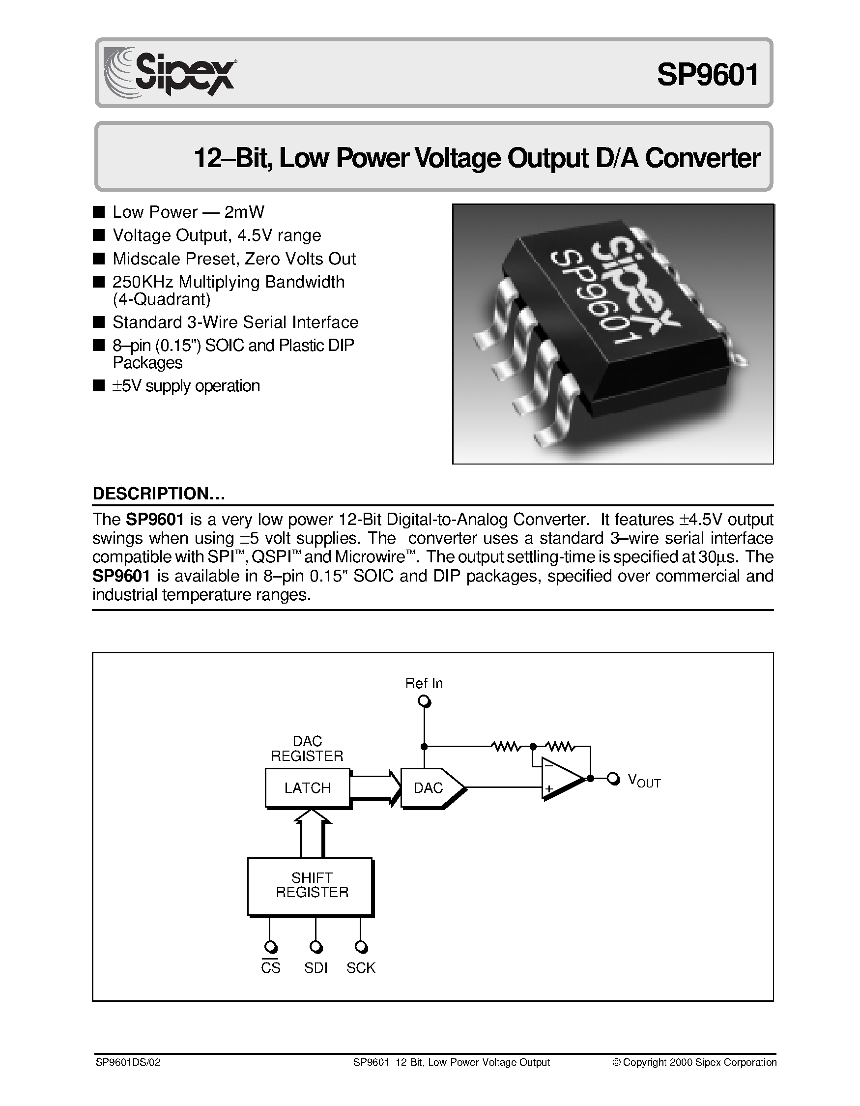 Даташит SP9601 - 12-Bit / Low Power Voltage Output D/A Converter страница 1