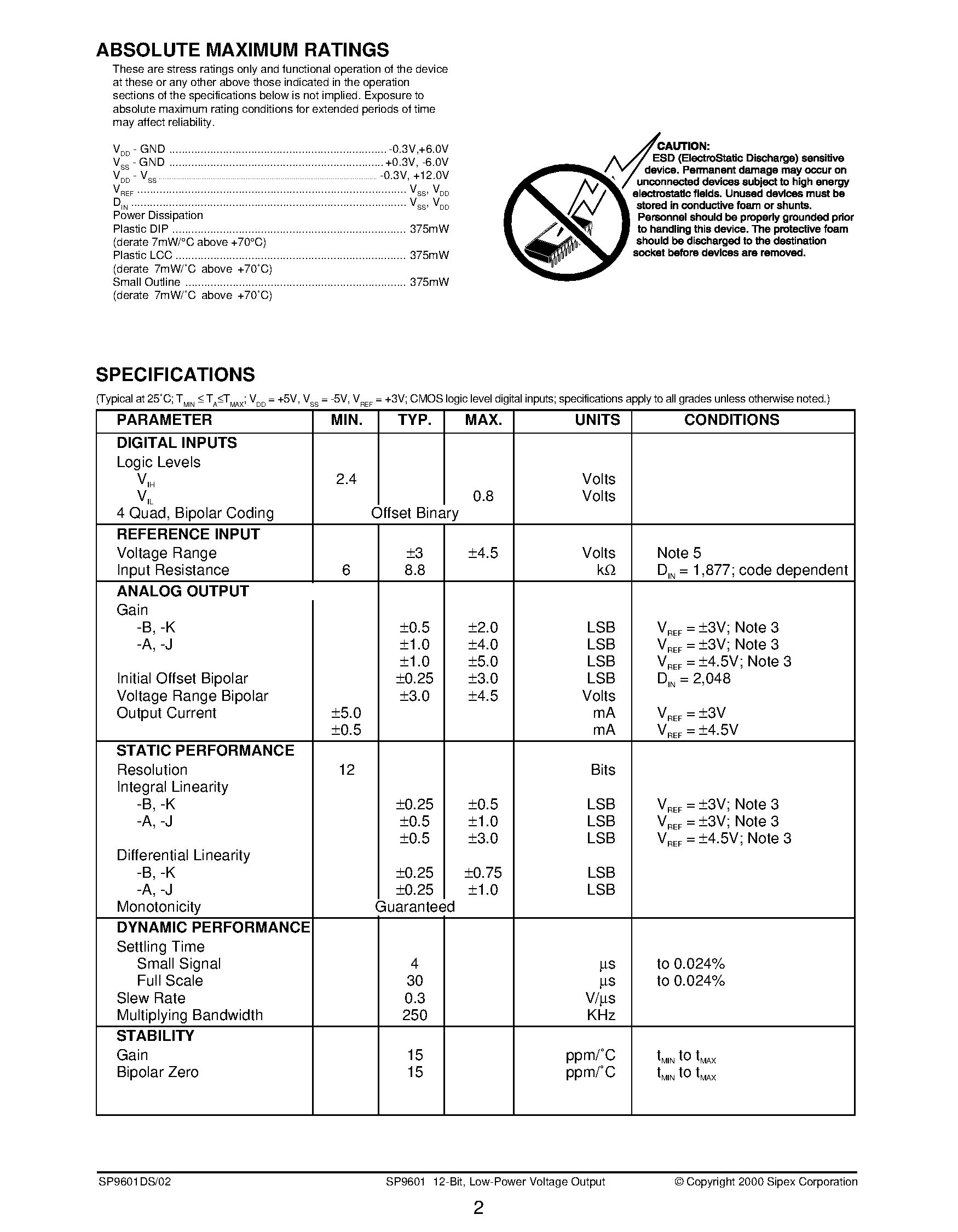 Даташит SP9601 - 12-Bit / Low Power Voltage Output D/A Converter страница 2