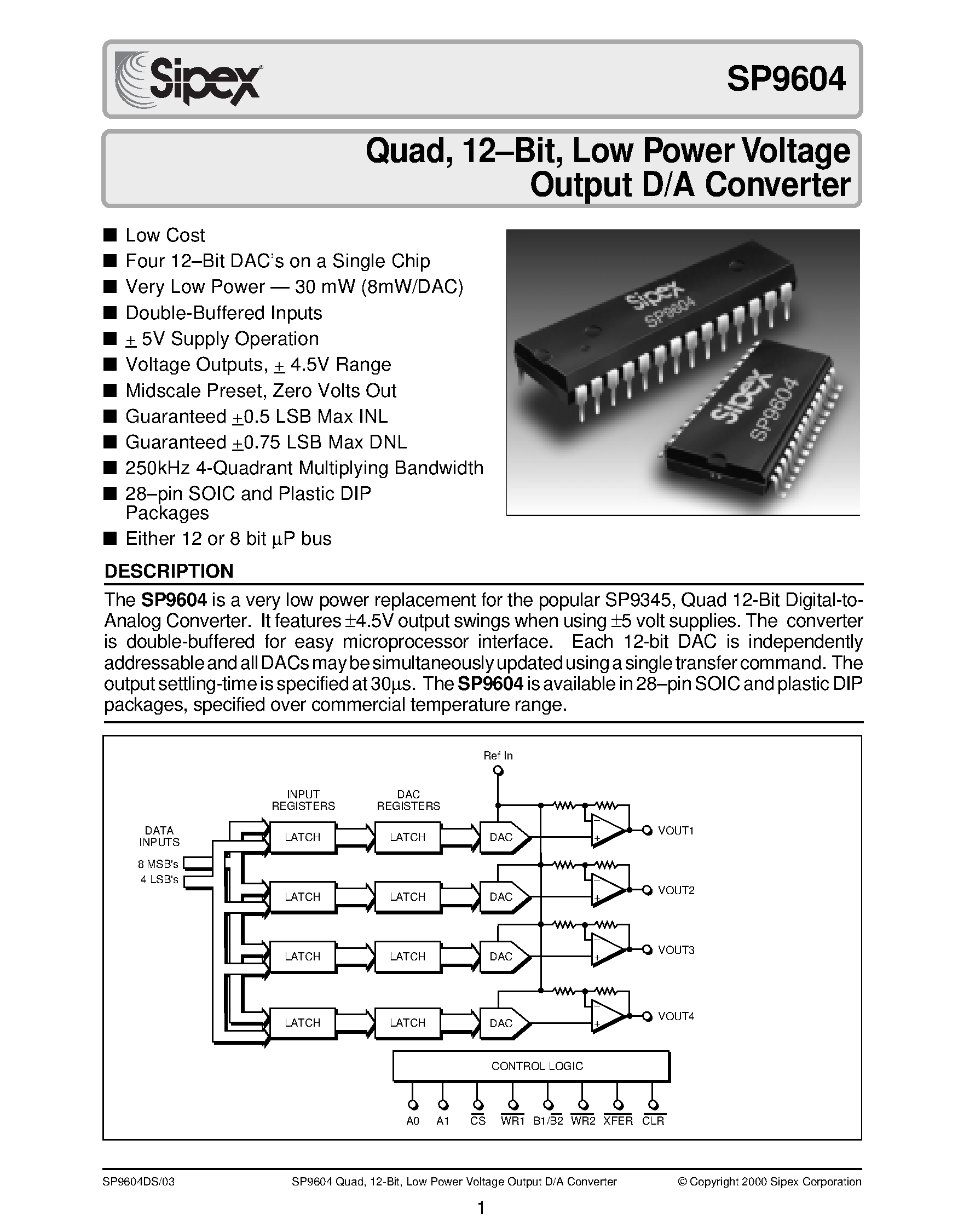 Даташит SP9604 - Quad / 12-Bit / Low Power Voltage Output D/A Converter страница 1