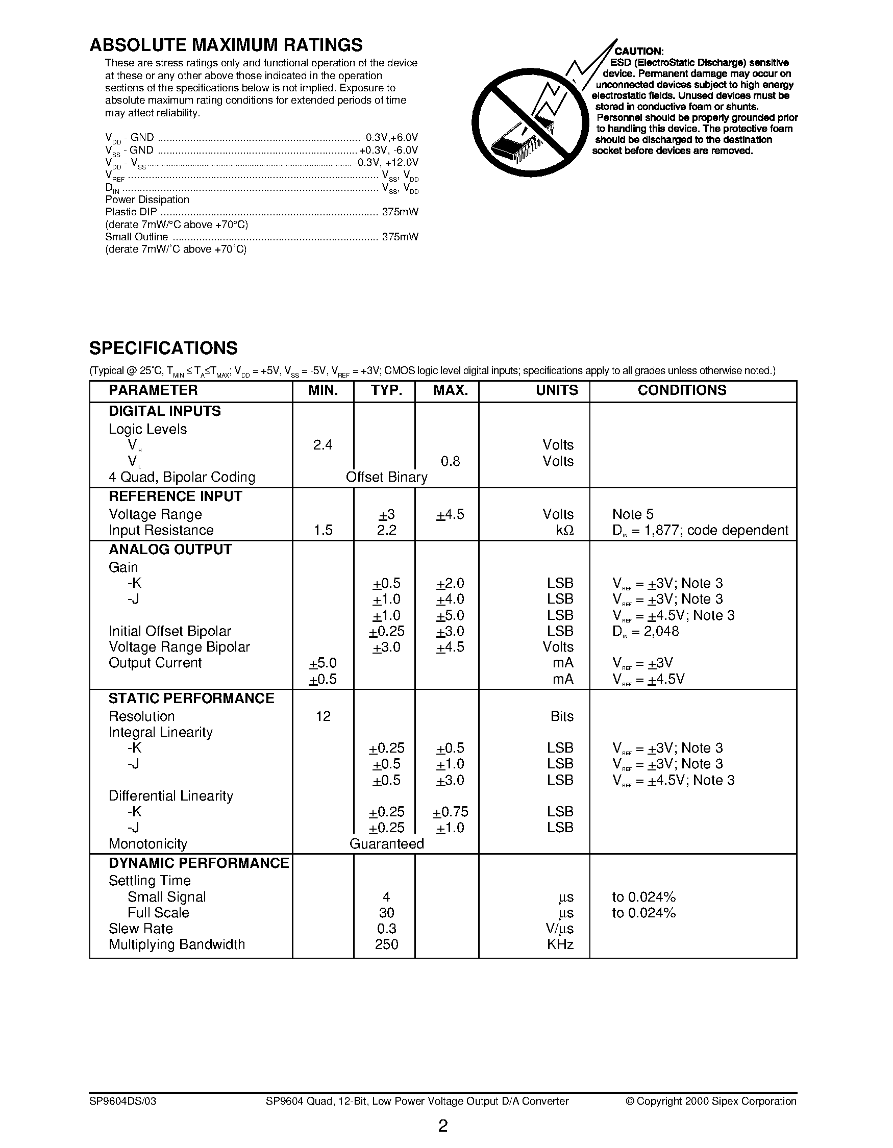 Даташит SP9604 - Quad / 12-Bit / Low Power Voltage Output D/A Converter страница 2
