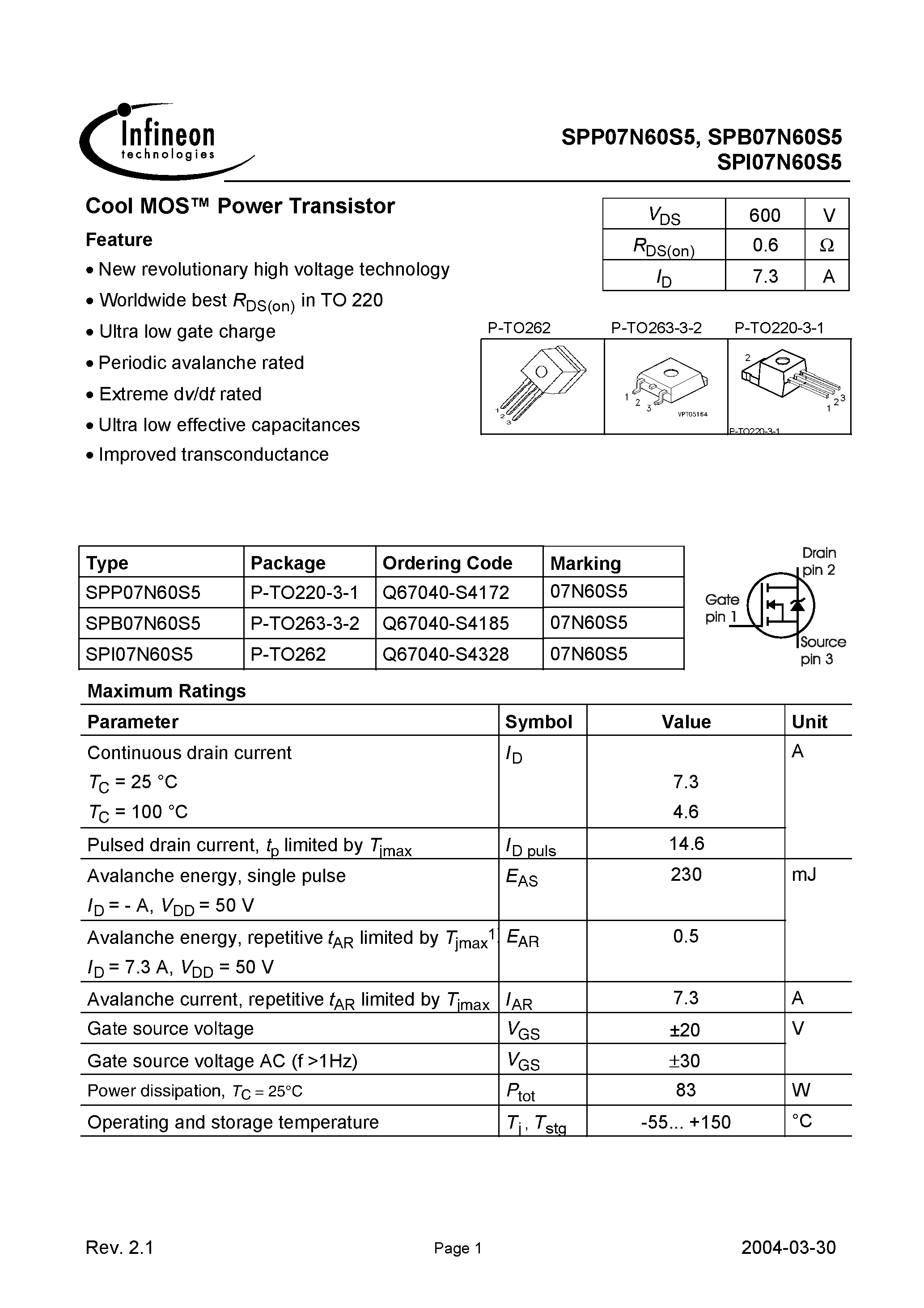 Даташит на микросхему SPI07N60S5 страница 1 Даташит SPI07N60S5 - страница 1