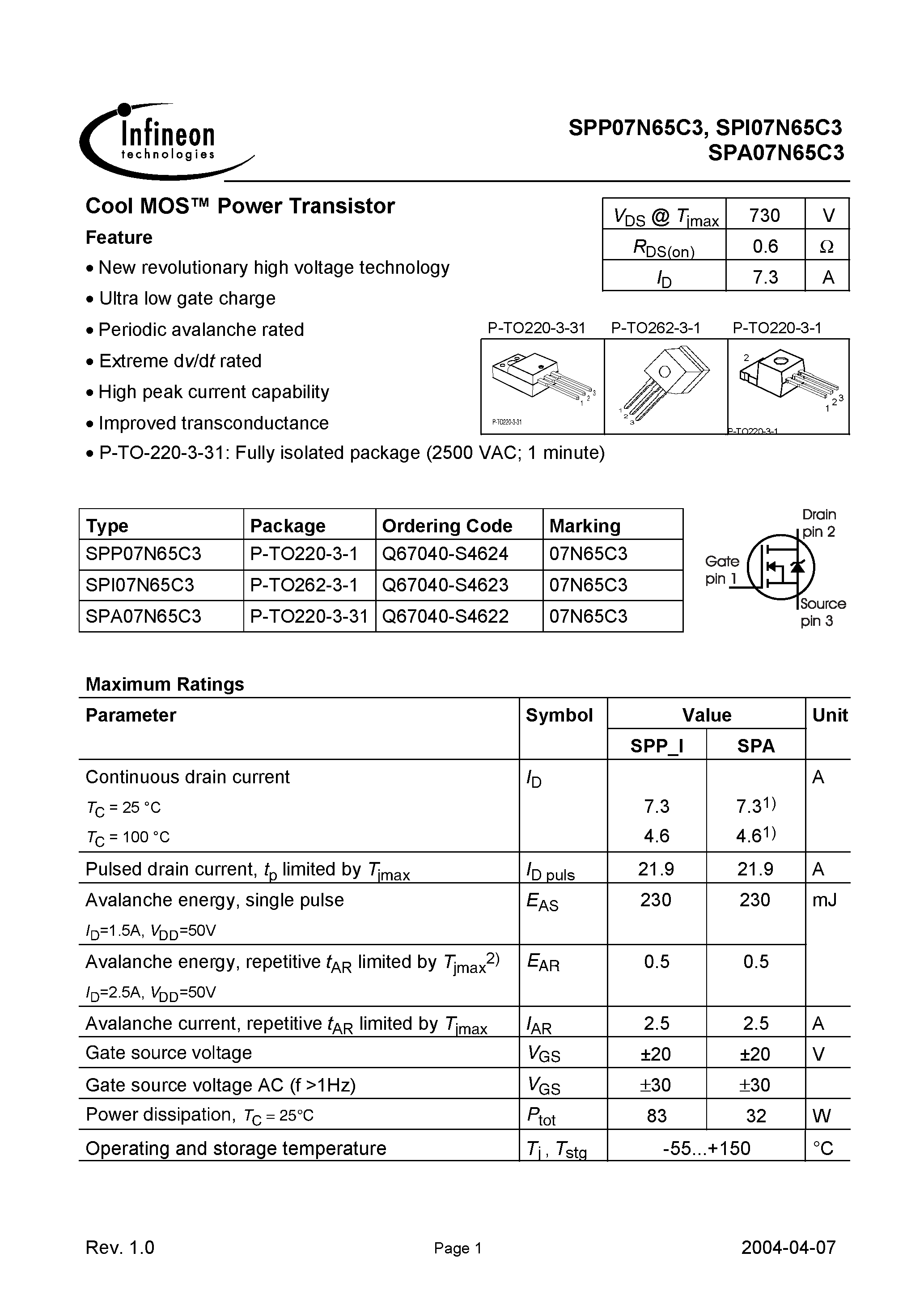Даташит на микросхему SPI07N65C3 страница 1 Даташит SPI07N65C3 - страница 1