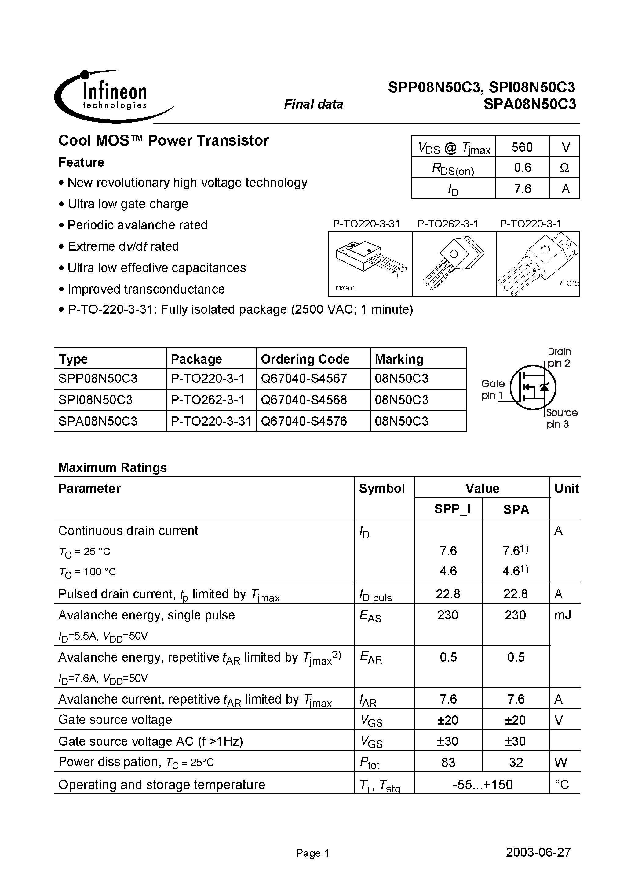 Даташит на микросхему SPI08N50C3 страница 1 Даташит SPI08N50C3 - страница 1
