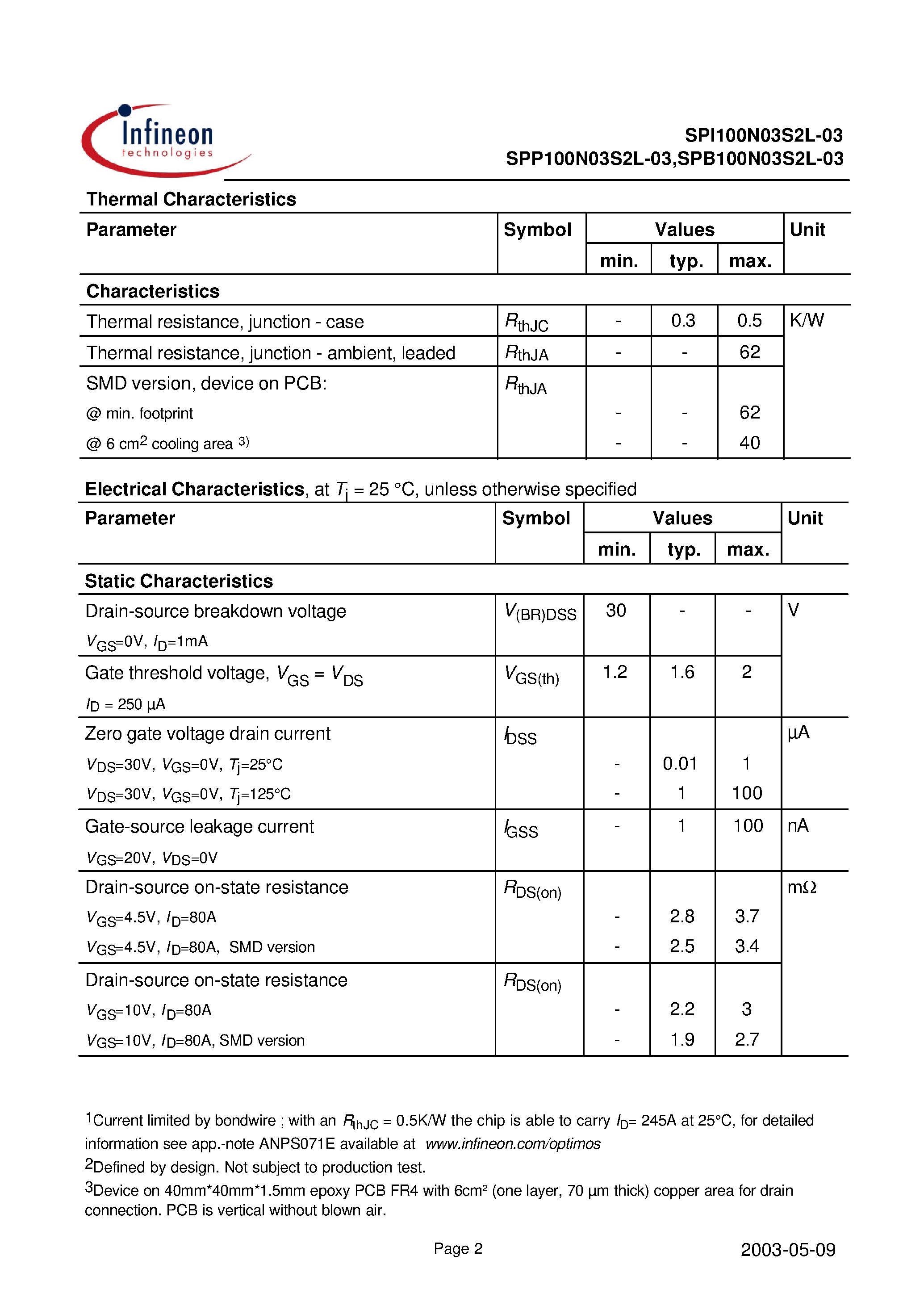 Datasheet SPI100N03S2L-03 page 2 Datasheet SPI100N03S2L-03 - page 2