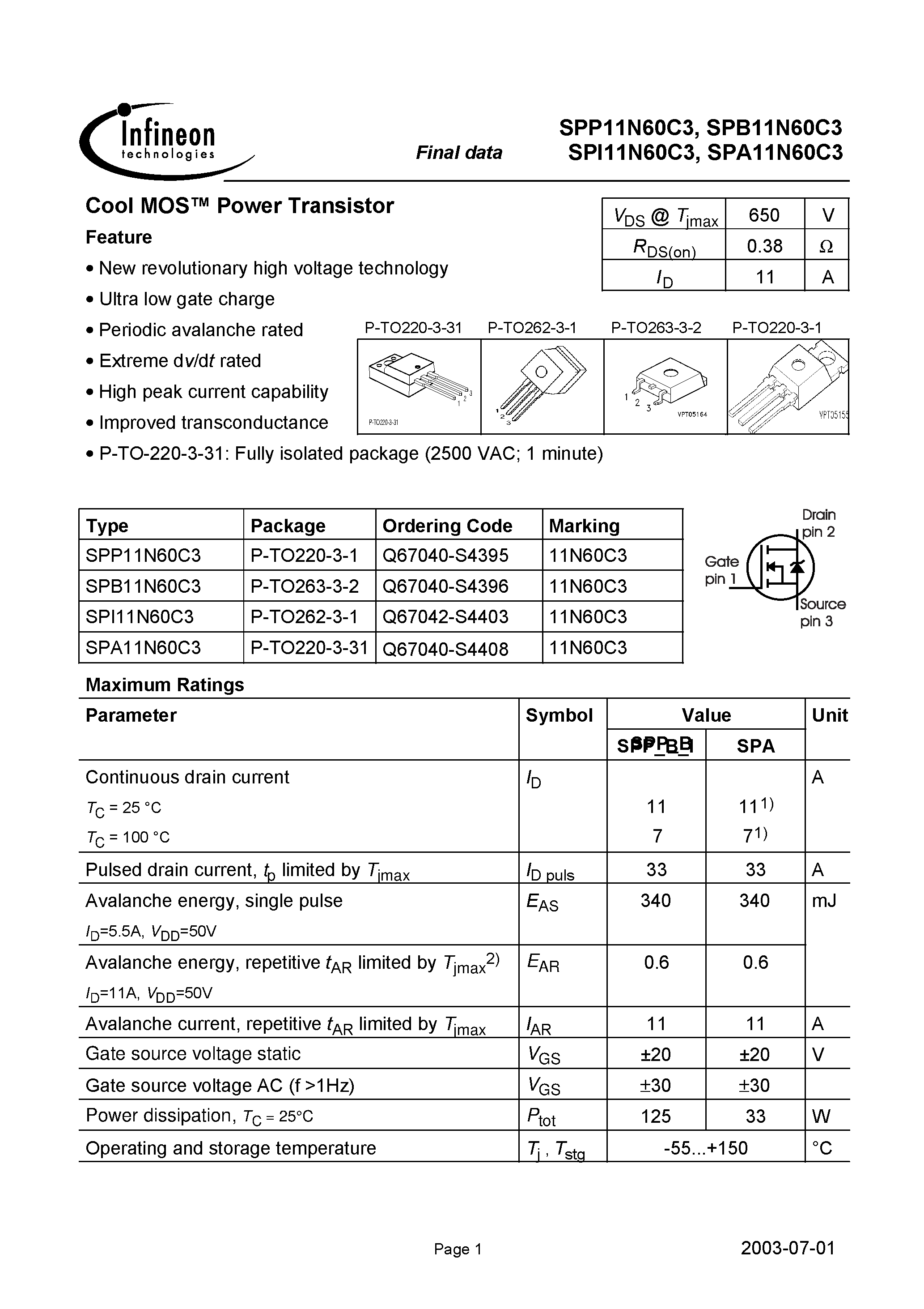 Даташит на микросхему SPI11N60C3 страница 1 Даташит SPI11N60C3 - Cool MOS Power Transistor страница 1