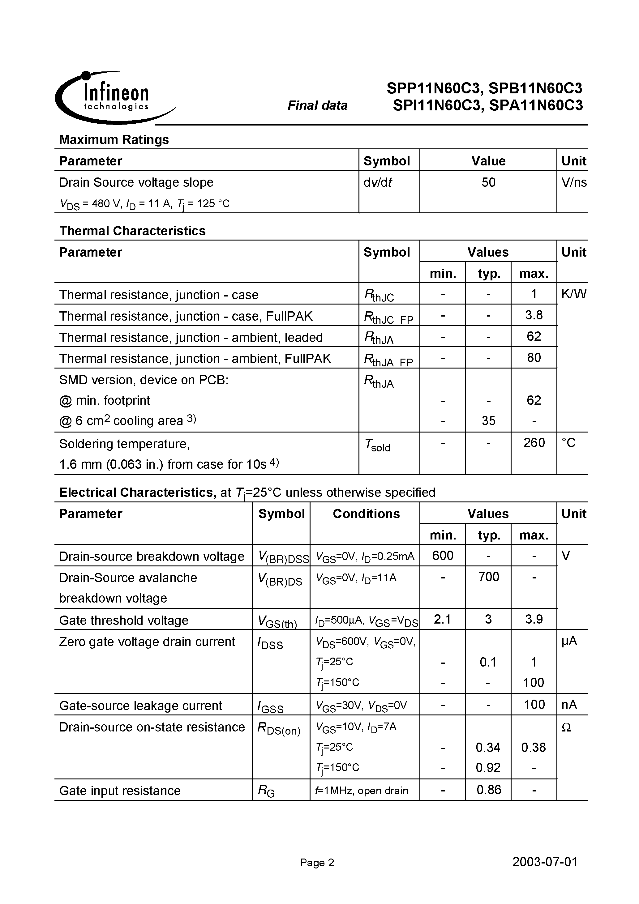 Даташит на микросхему SPI11N60C3 страница 2 Даташит SPI11N60C3 - Cool MOS Power Transistor страница 2