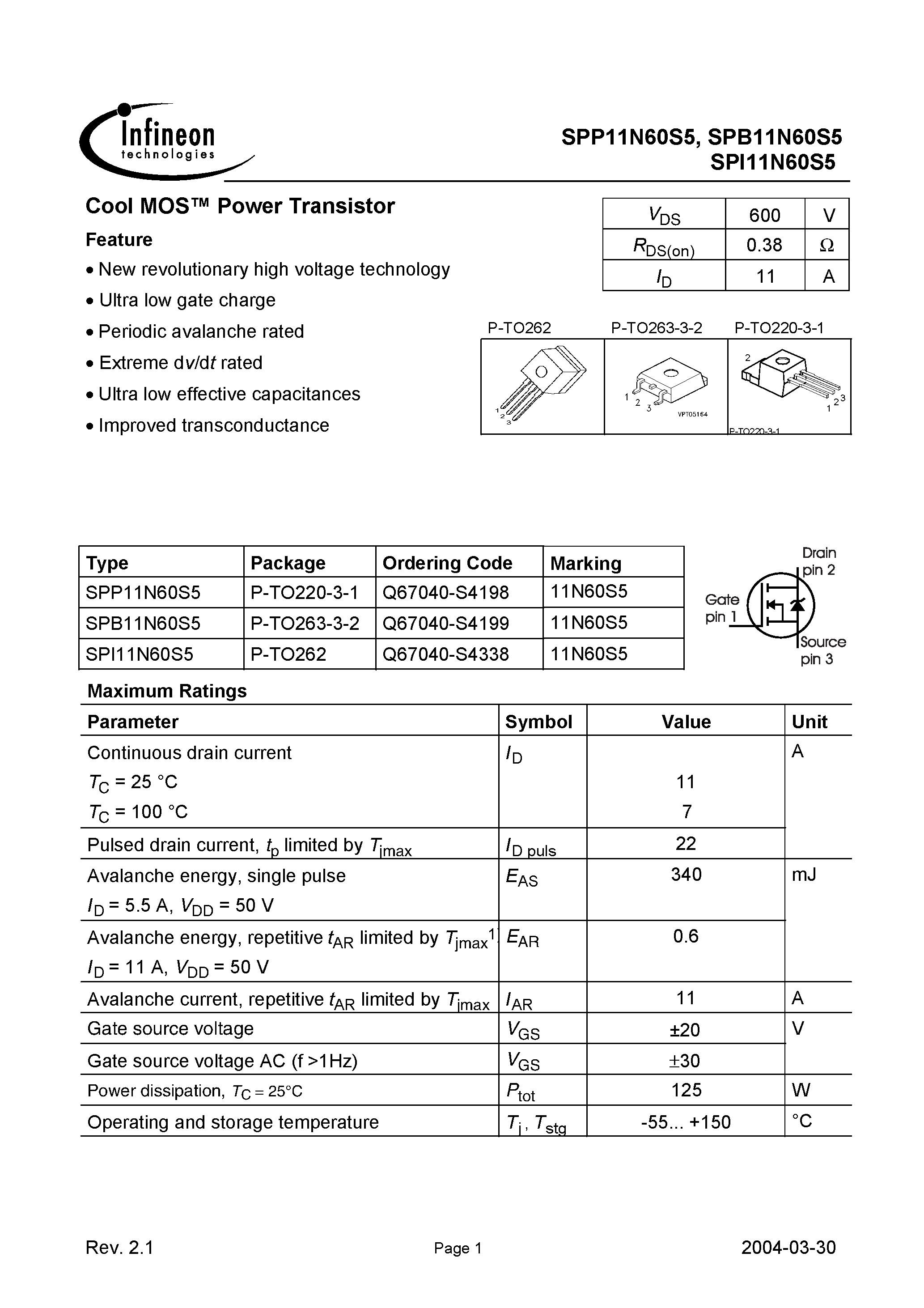 Даташит на микросхему SPI11N60S5 страница 1 Даташит SPI11N60S5 - Cool MOS Power Transistor страница 1