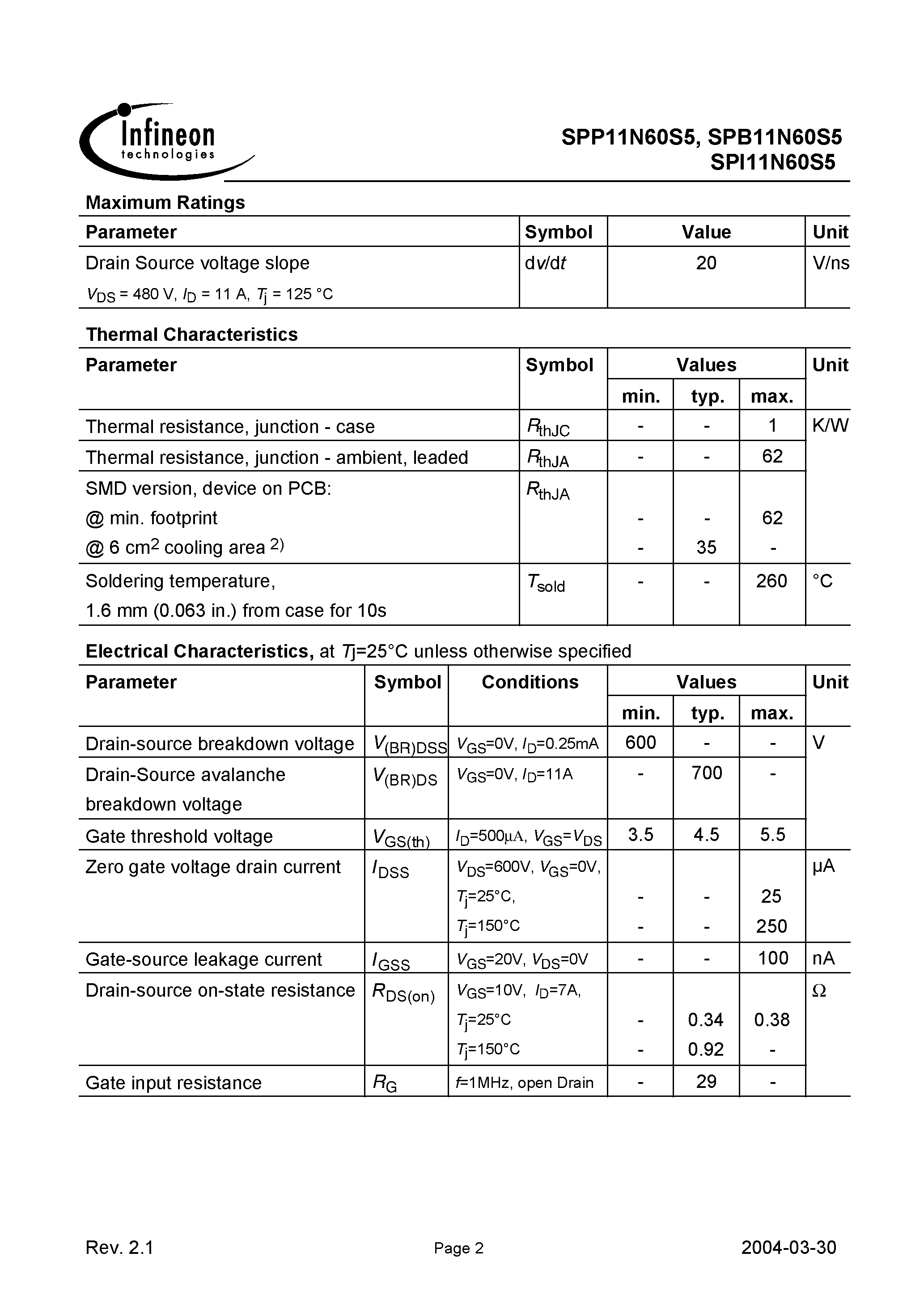 Даташит на микросхему SPI11N60S5 страница 2 Даташит SPI11N60S5 - Cool MOS Power Transistor страница 2
