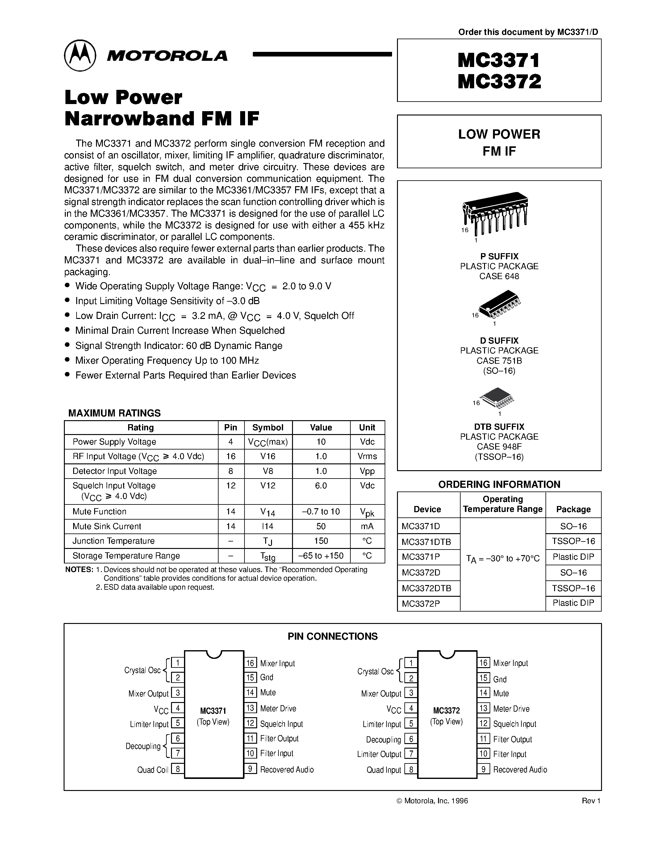 Даташит на микросхему MC3371 страница 1 Даташит MC3371 - (MC3372) LOW POWER FM IF страница 1