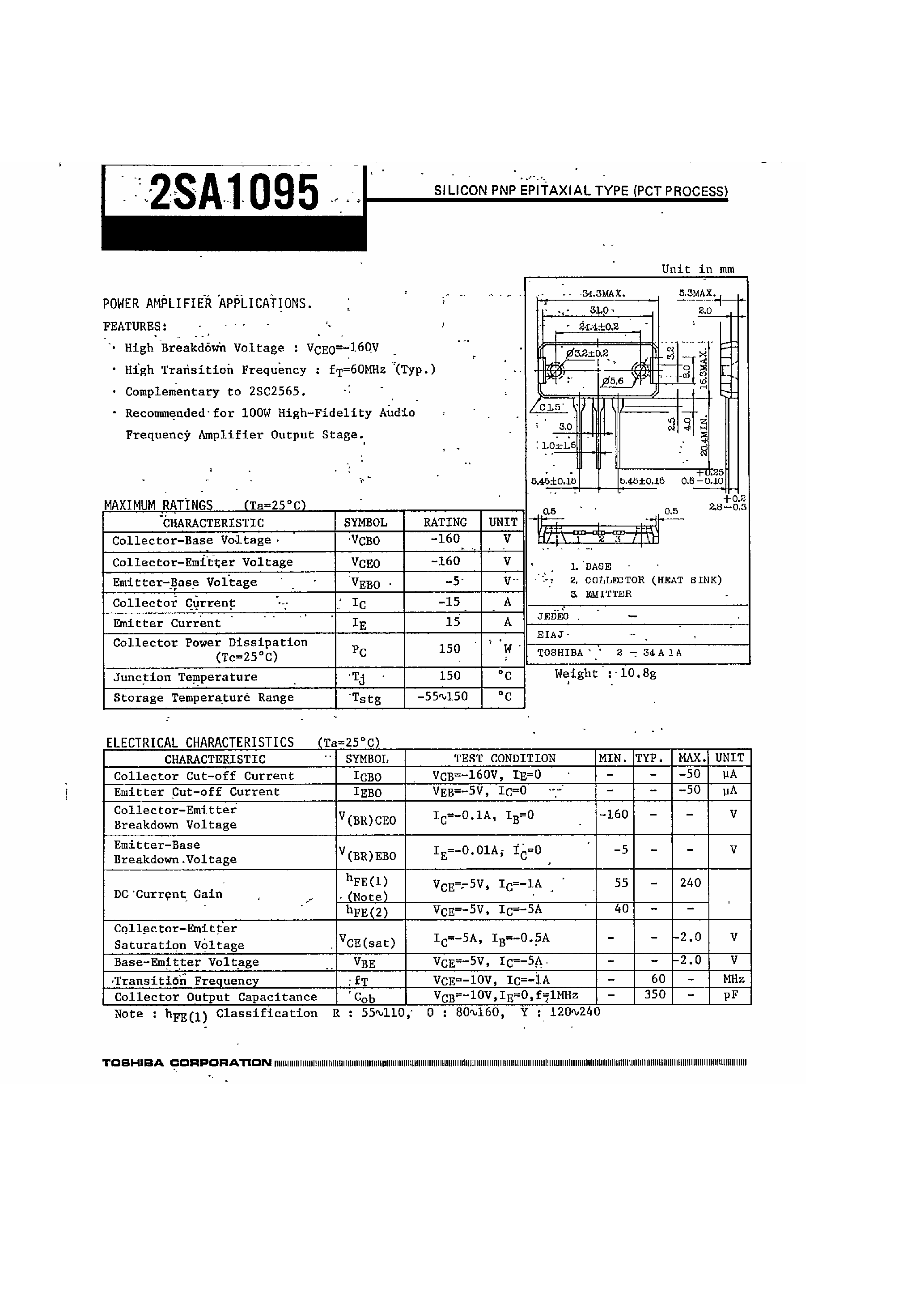Datasheet 2SA1095 page 1 Datasheet 2SA1095 - Silicon PNP Epitaxial Type (PCT Process) page 1