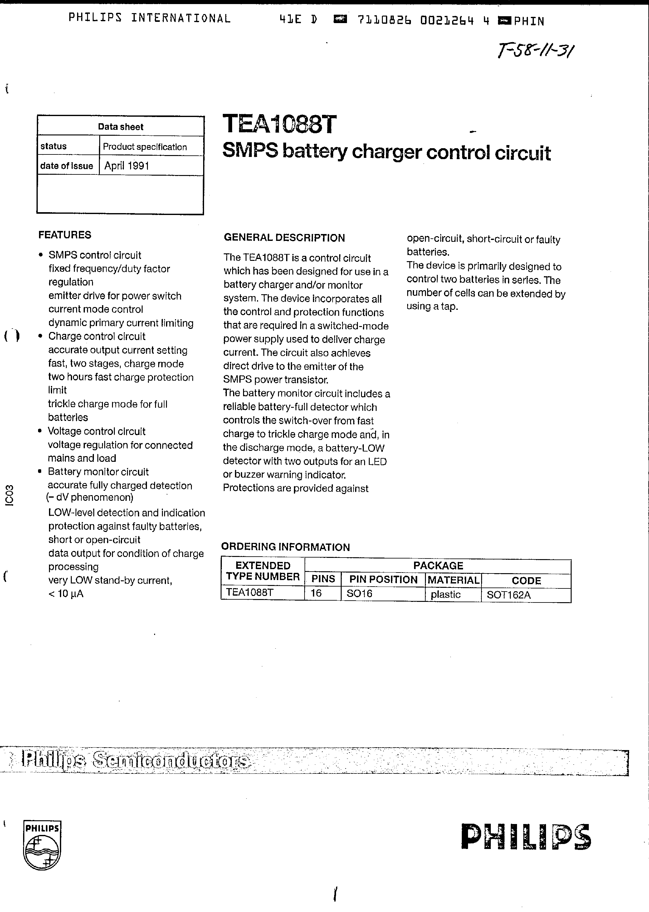 Datasheet TEA1088T page 1 Datasheet TEA1088T - SMPS Battery Charger Control Circuit page 1