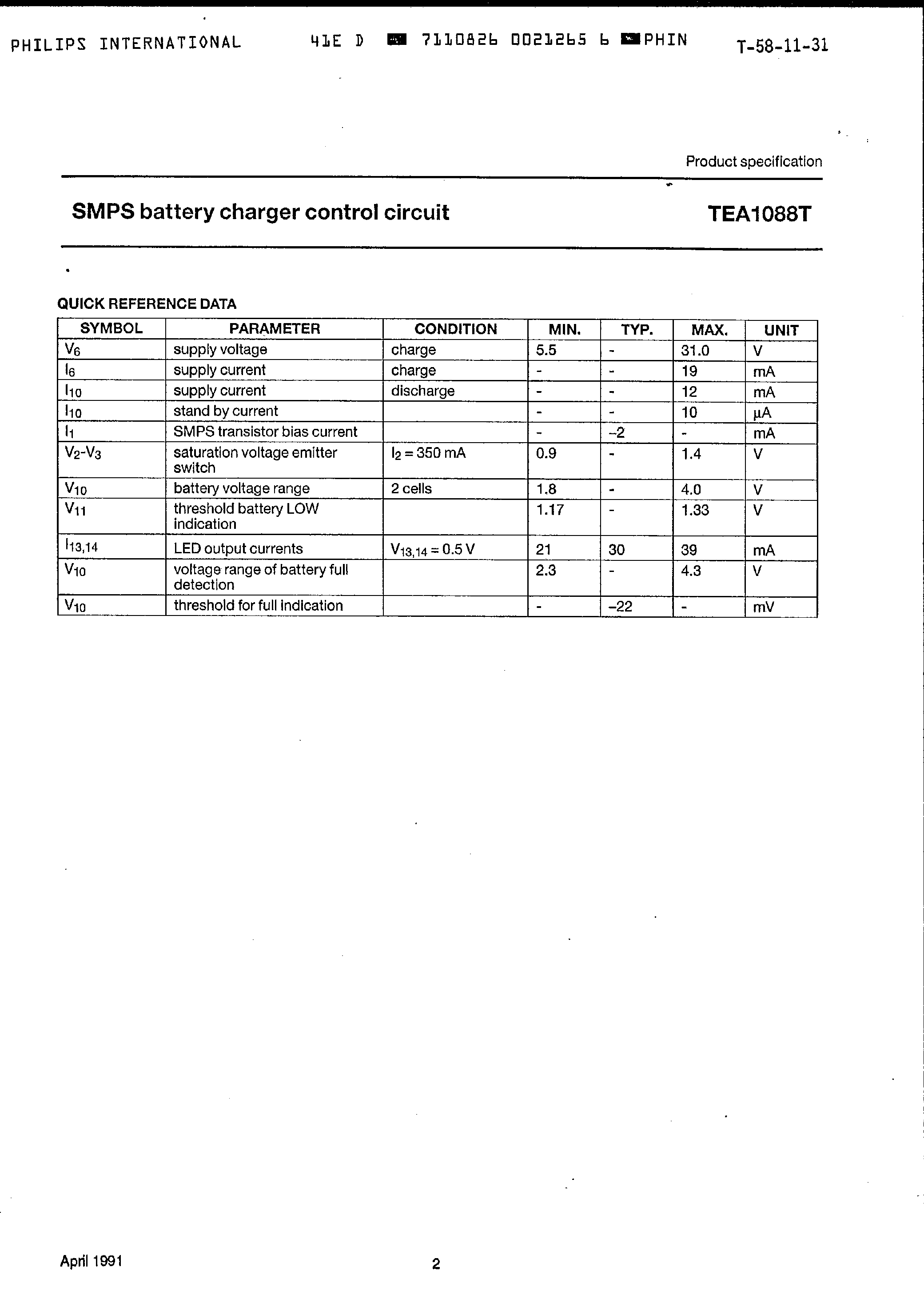 Datasheet TEA1088T page 2 Datasheet TEA1088T - SMPS Battery Charger Control Circuit page 2