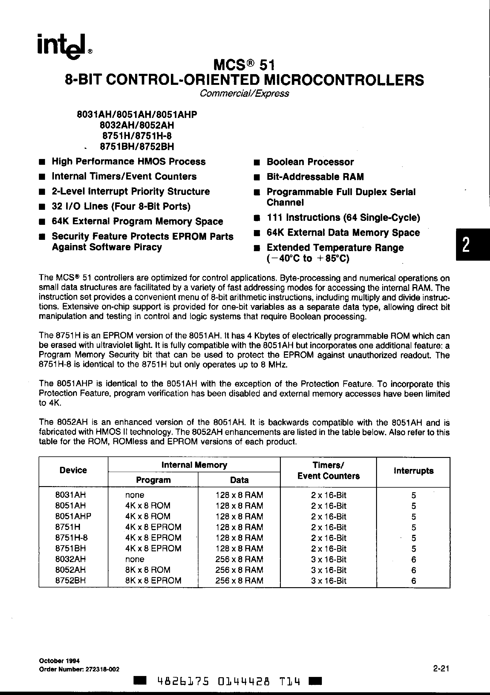 Datasheet P8051 page 1 Datasheet P8051 - 8 Bit Control Oriented Microcontrollers page 1