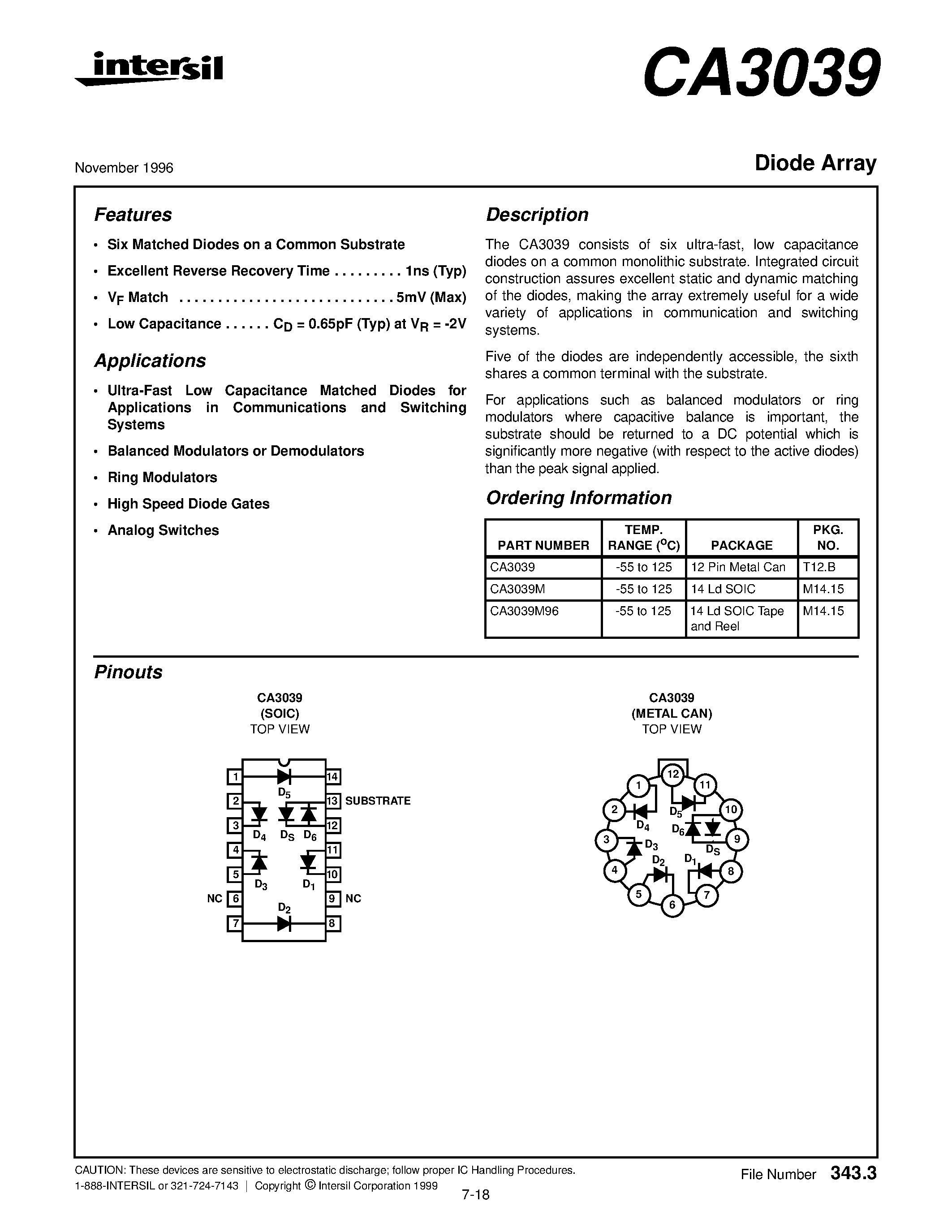 Datasheet CA3039 page 1 Datasheet CA3039 - Diode Array page 1