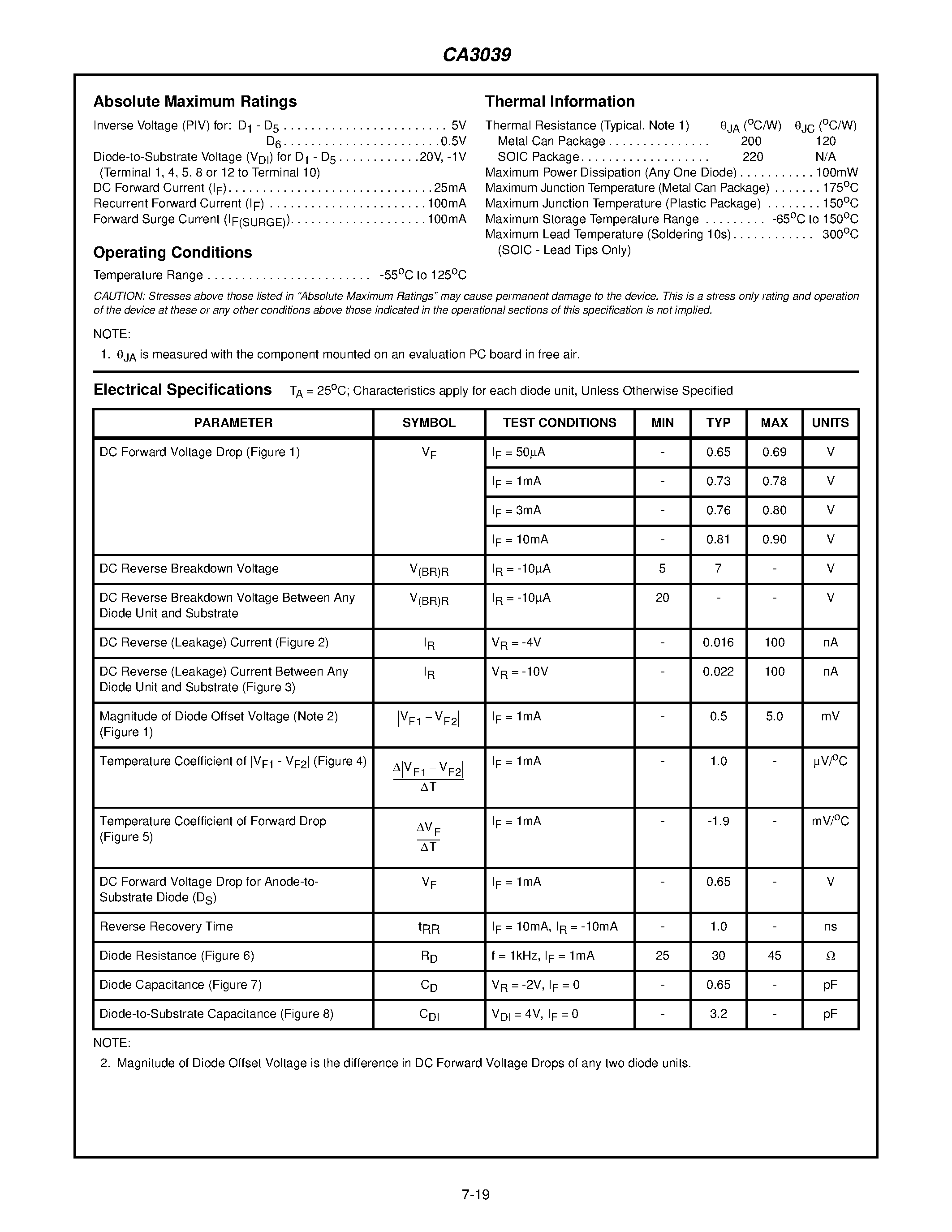 Datasheet CA3039 page 2 Datasheet CA3039 - Diode Array page 2
