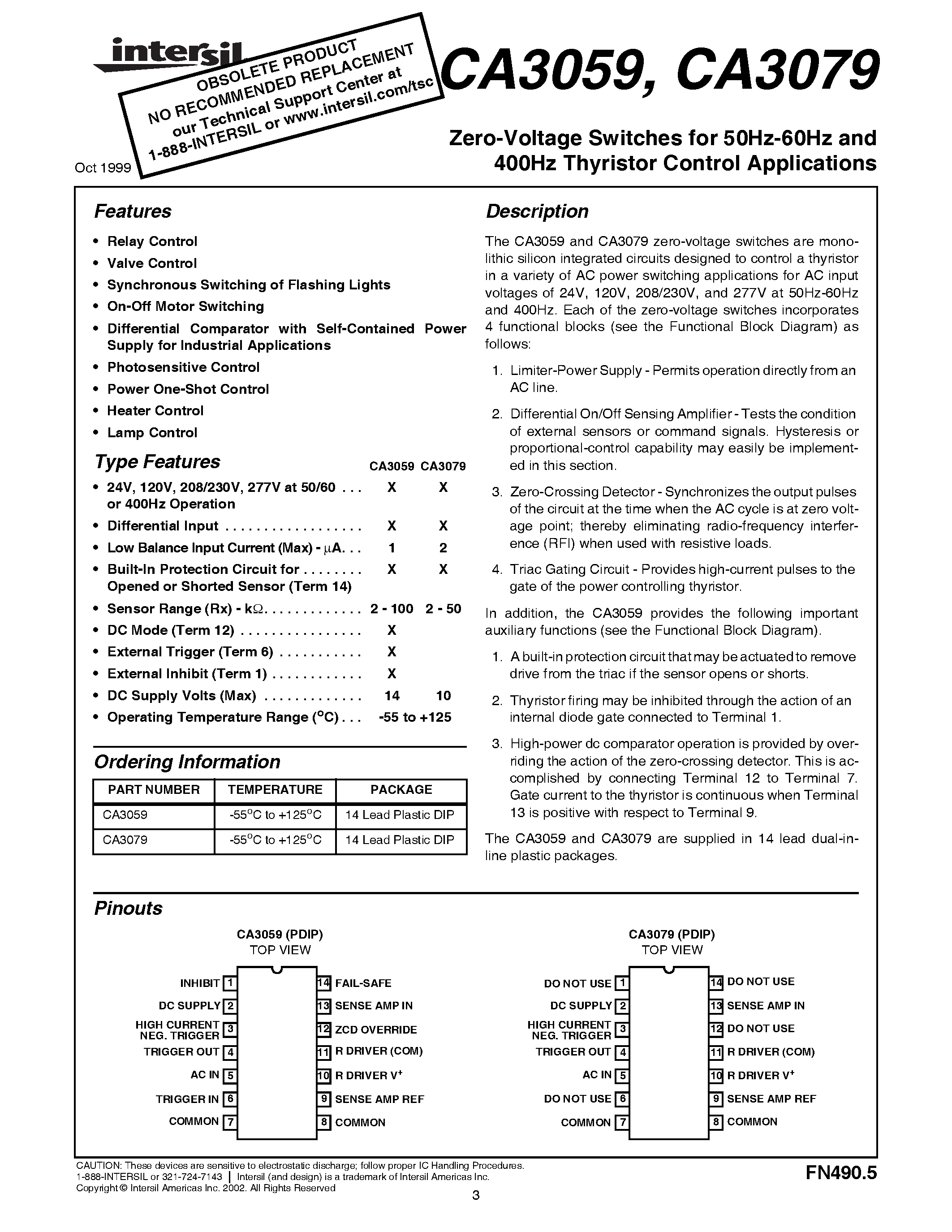 Даташит CA3059 - Zero-Voltage Switches for 50Hz-60Hz and 400Hz Thyristor Control Applications страница 1