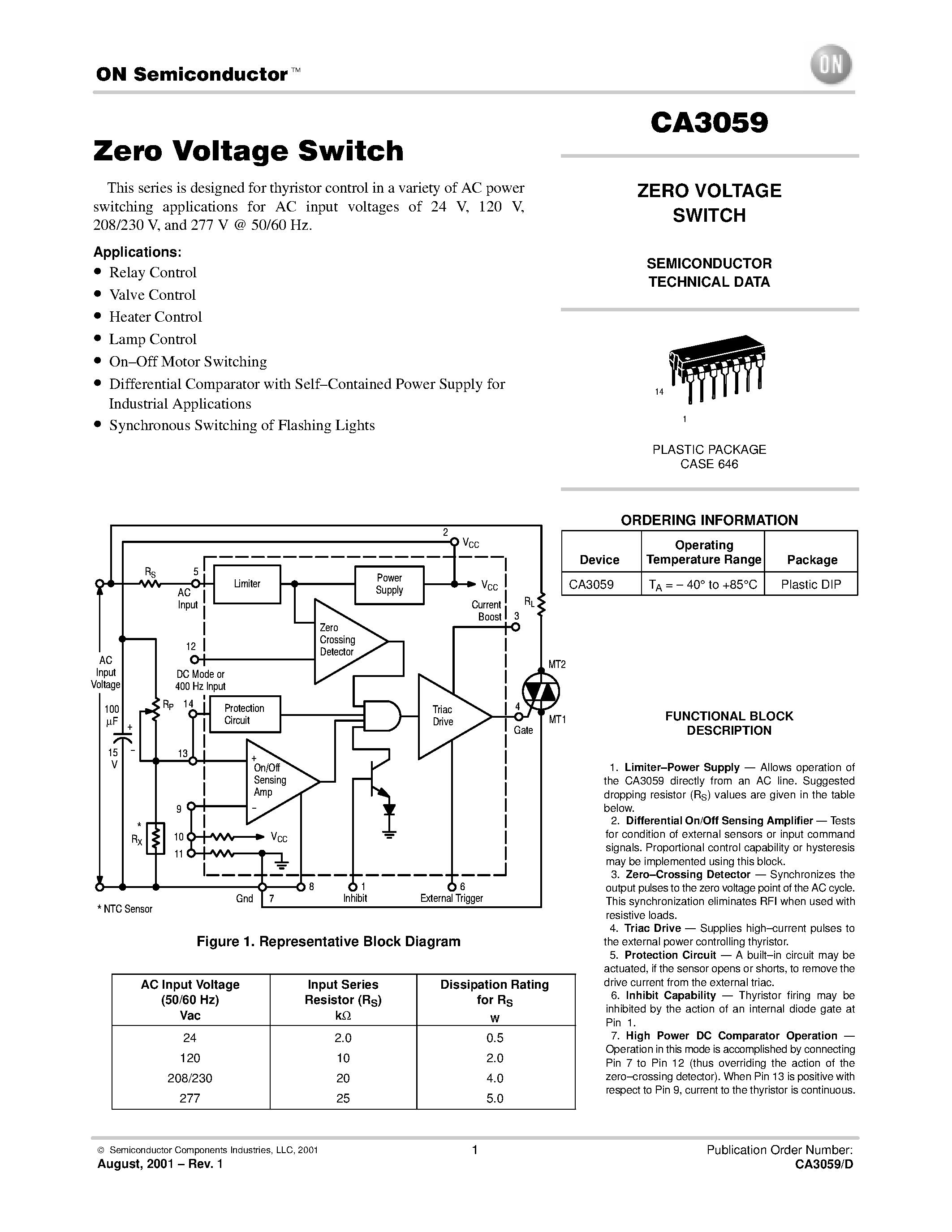 Даташит CA3059 - ZERO VOLTAGE SWITCH страница 1