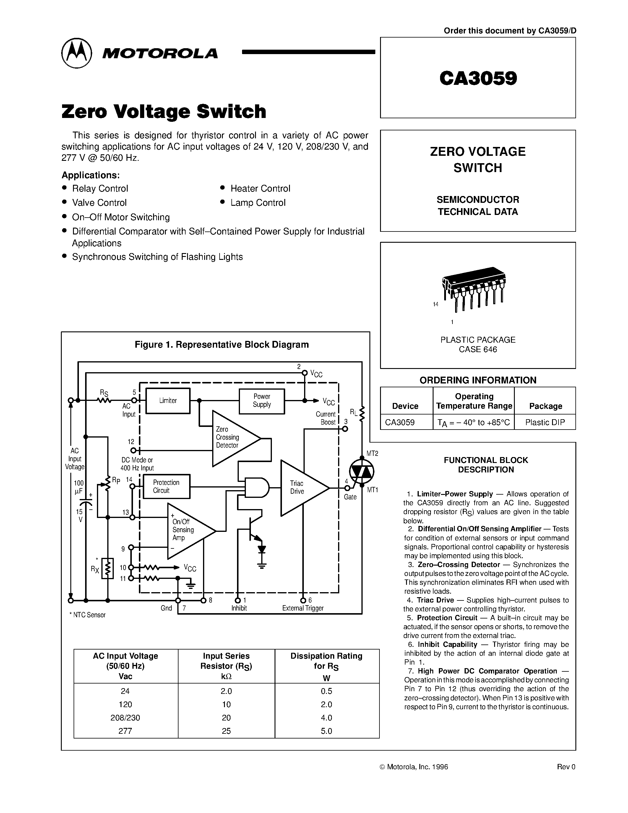 Даташит CA3059 - ZERO VOLTAGE SWITCH страница 1