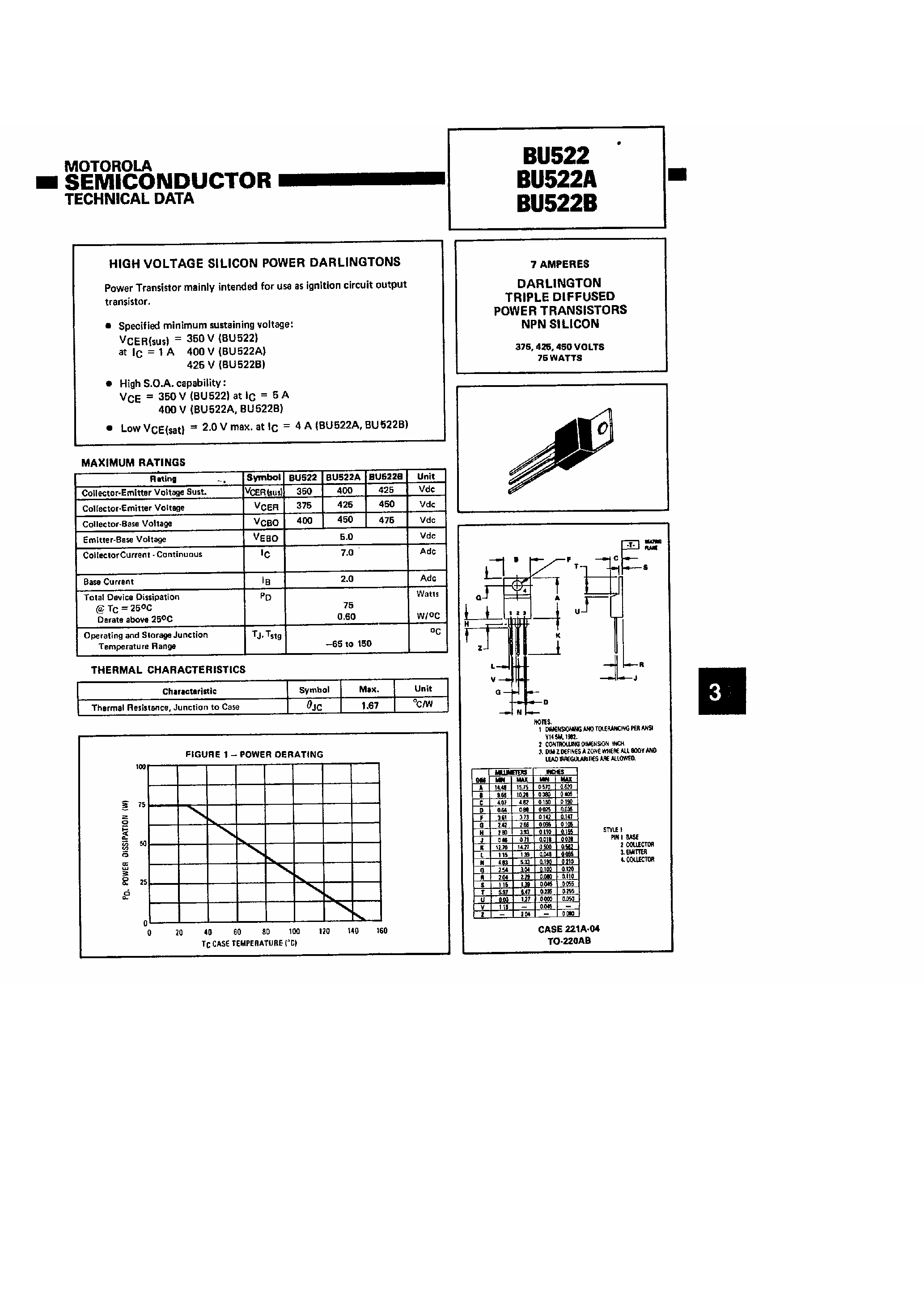 Datasheet BU522 - 7 AMPERES DARLINGTON POWER TRANSISTORS NPN SILICON 450 VOLTS 75 WATTS page 1