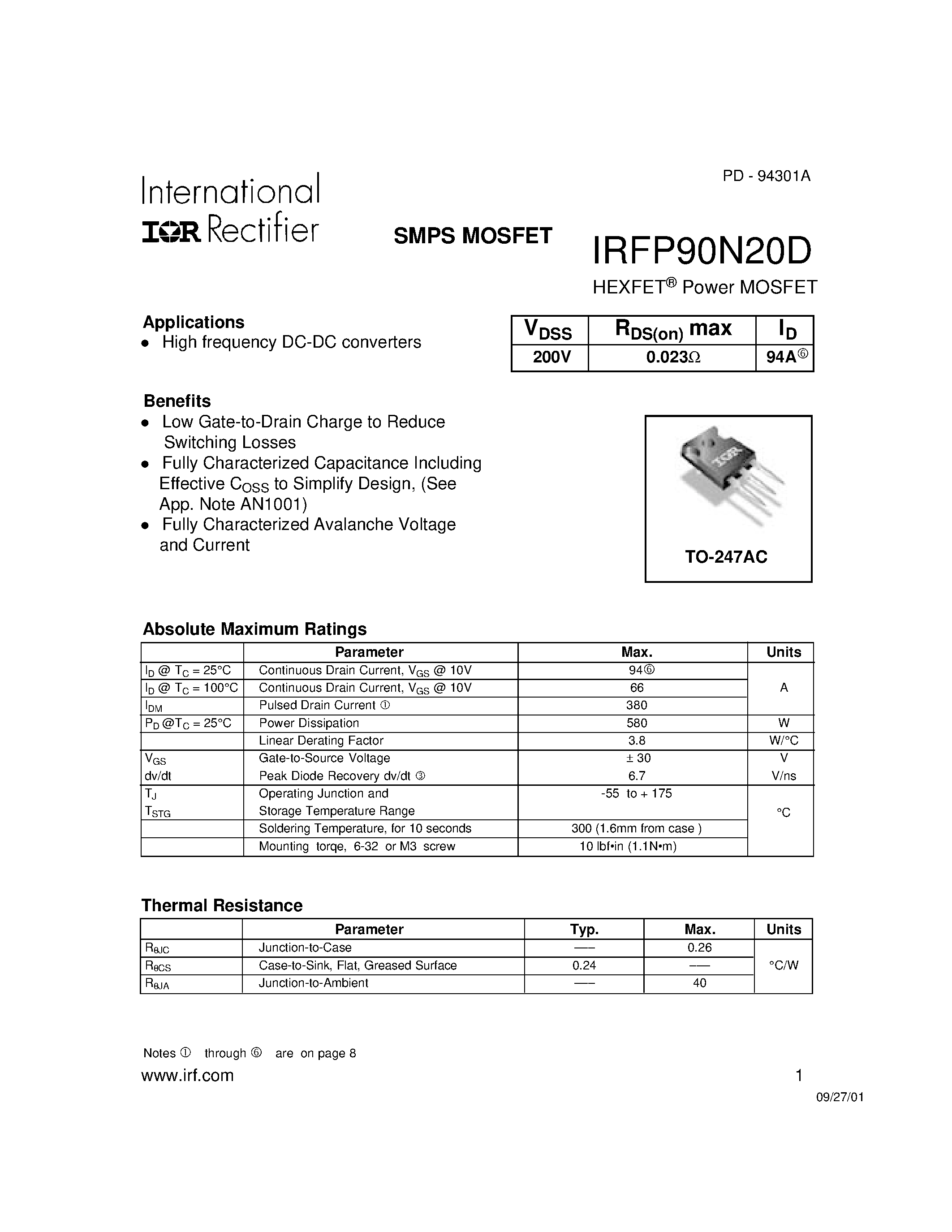Даташит на микросхему IRFP90N20D страница 1 Даташит IRFP90N20D - Power MOSFET страница 1