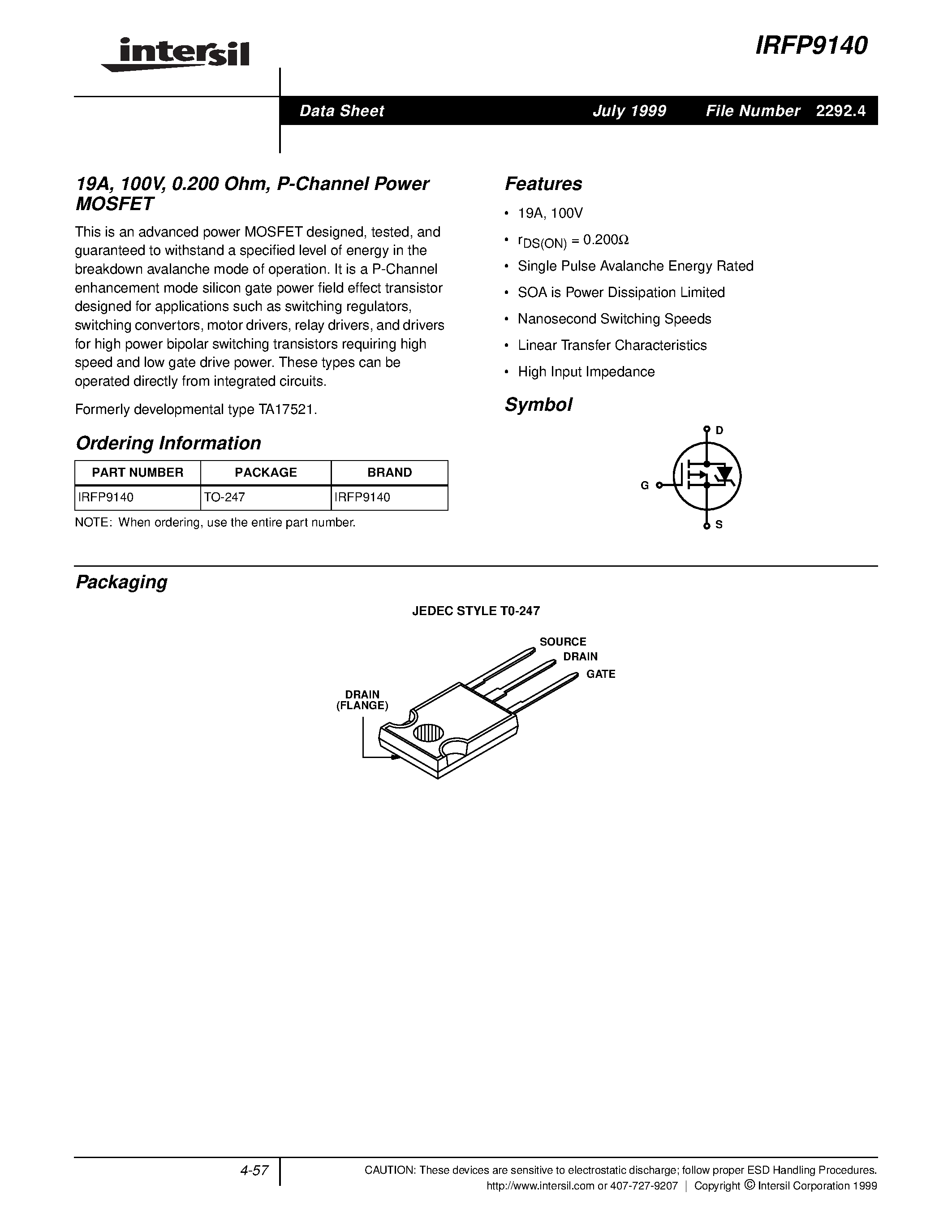 Datasheet IRFP9140 page 1 Datasheet IRFP9140 - P-Channel Power MOSFET page 1