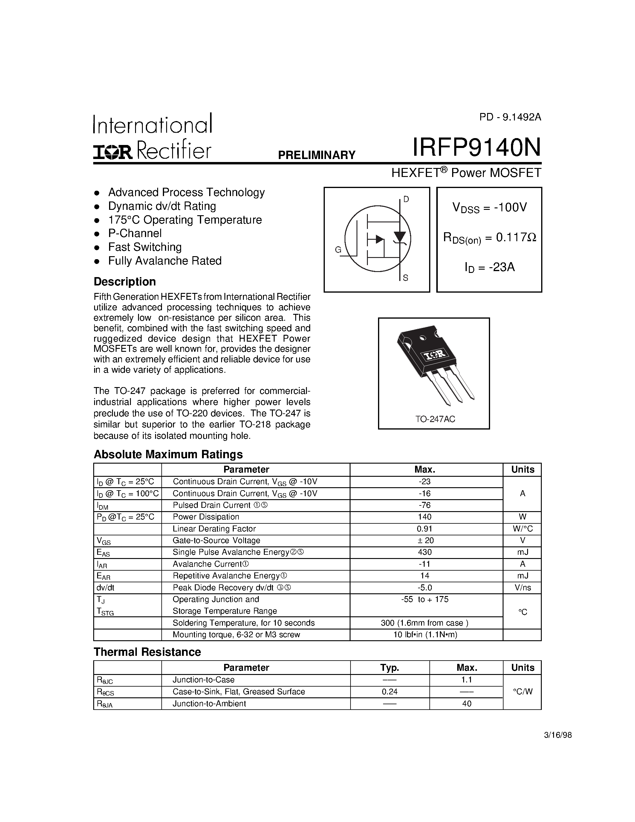 Datasheet IRFP9140N page 1 Datasheet IRFP9140N - Power MOSFET page 1