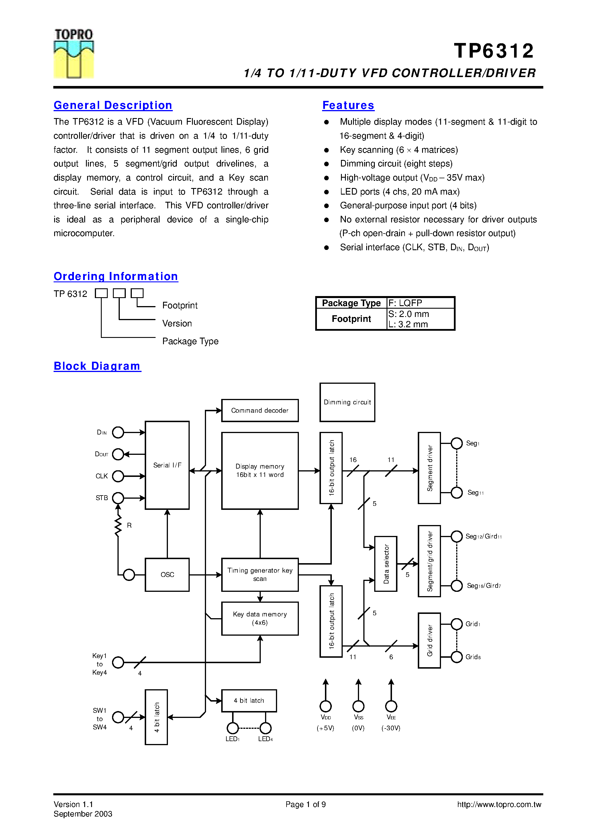 Даташит TP6312 - 1/4-Te1/11-duty FIP(VFD) controller/driver страница 1