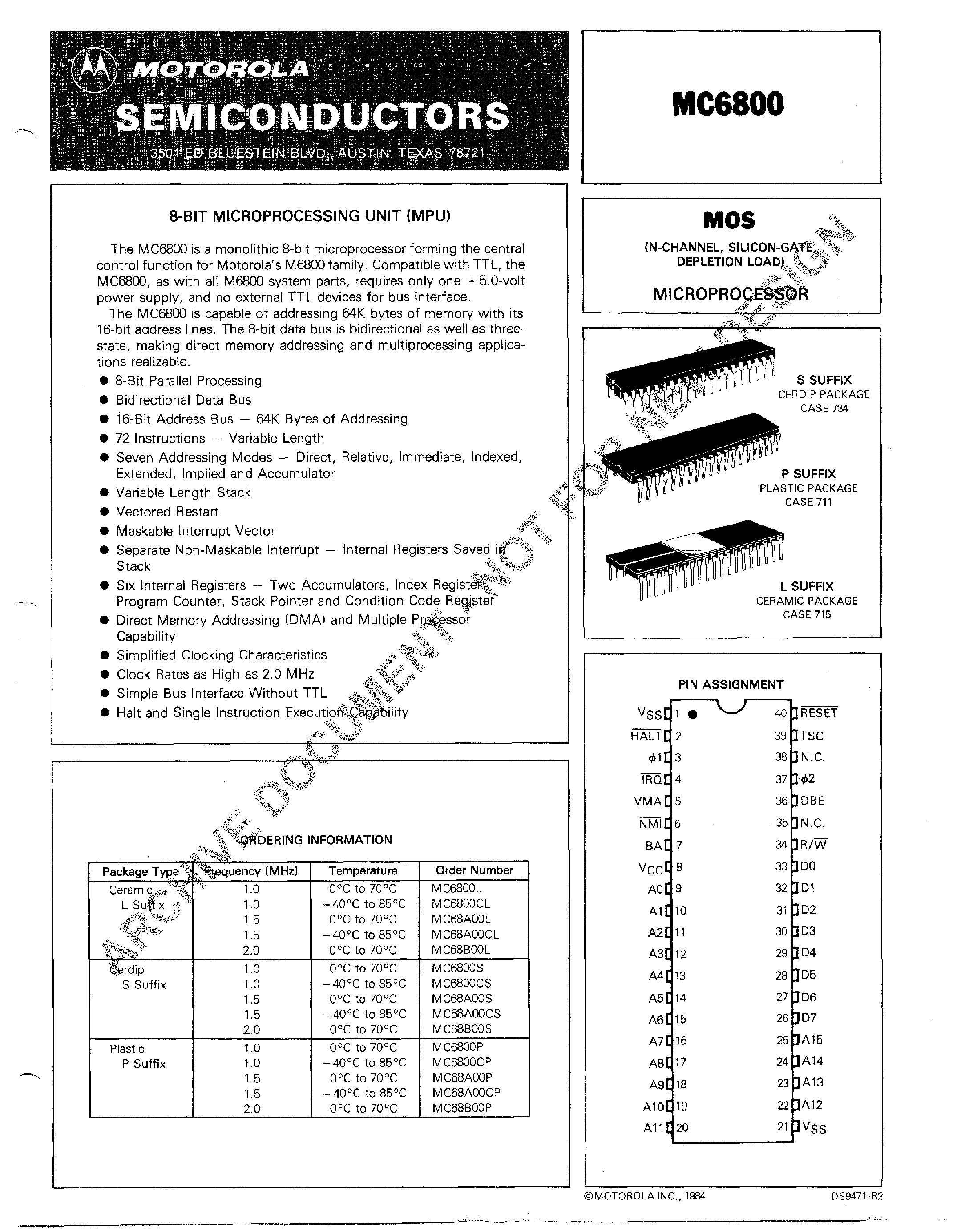 Даташит на микросхему MC6800 страница 1 Даташит MC6800 - 8-BIT MICROPROCESSING UNIT (MPU) страница 1