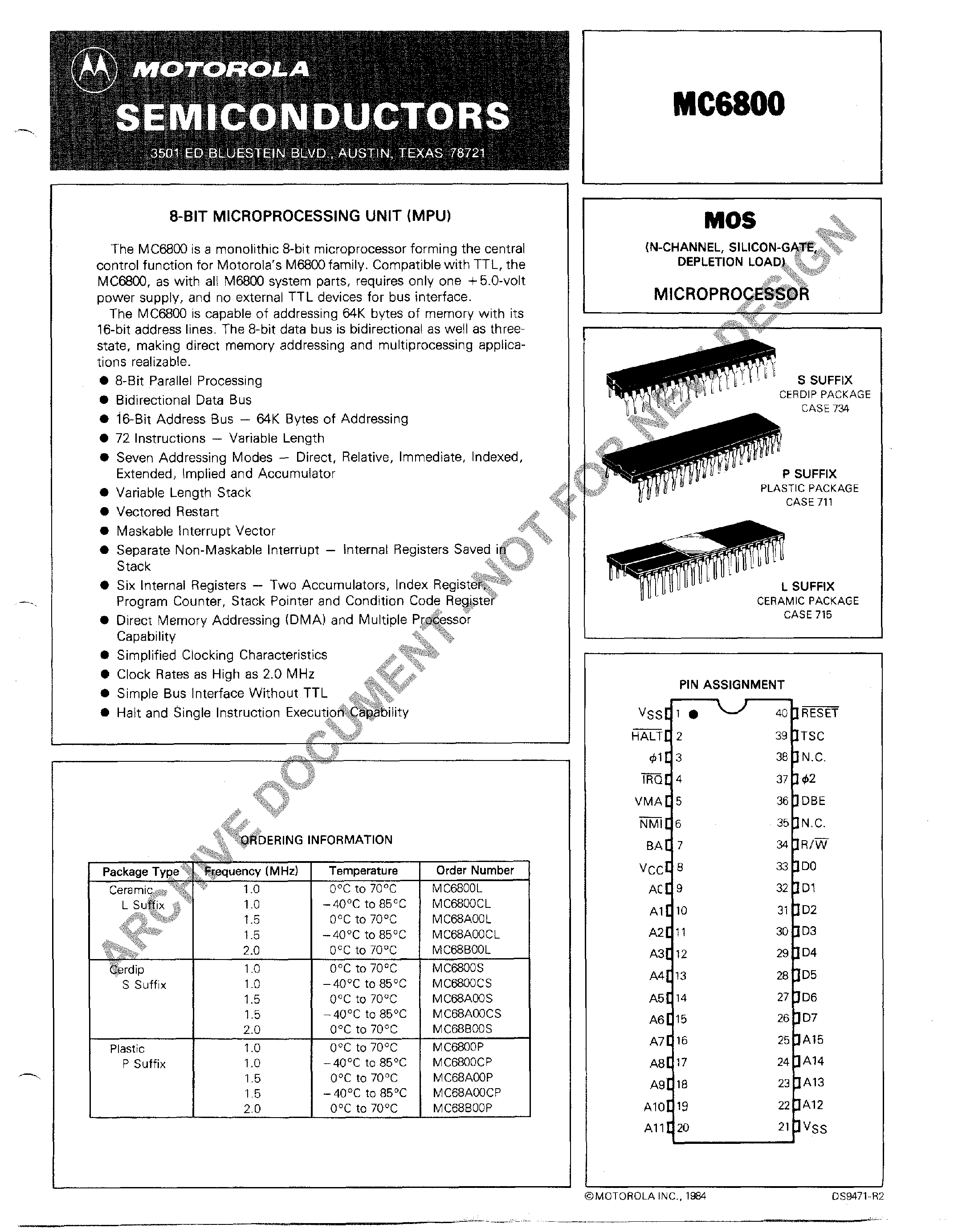 Datasheet MC6800 - 8-BIT MICROPROCESSING UNIT (MPU) page 1