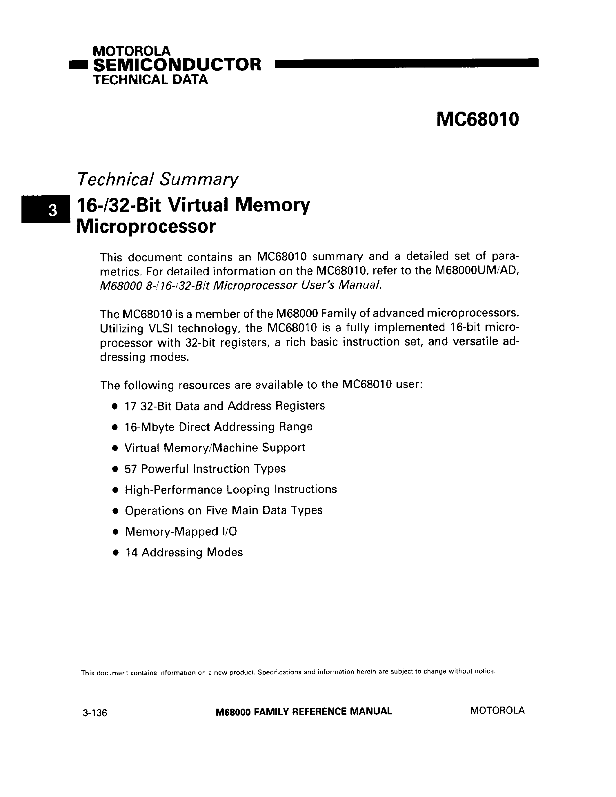 Datasheet MC68010 page 1 Datasheet MC68010 - 16-/32-Bit Virtual Memory Microprocessor page 1