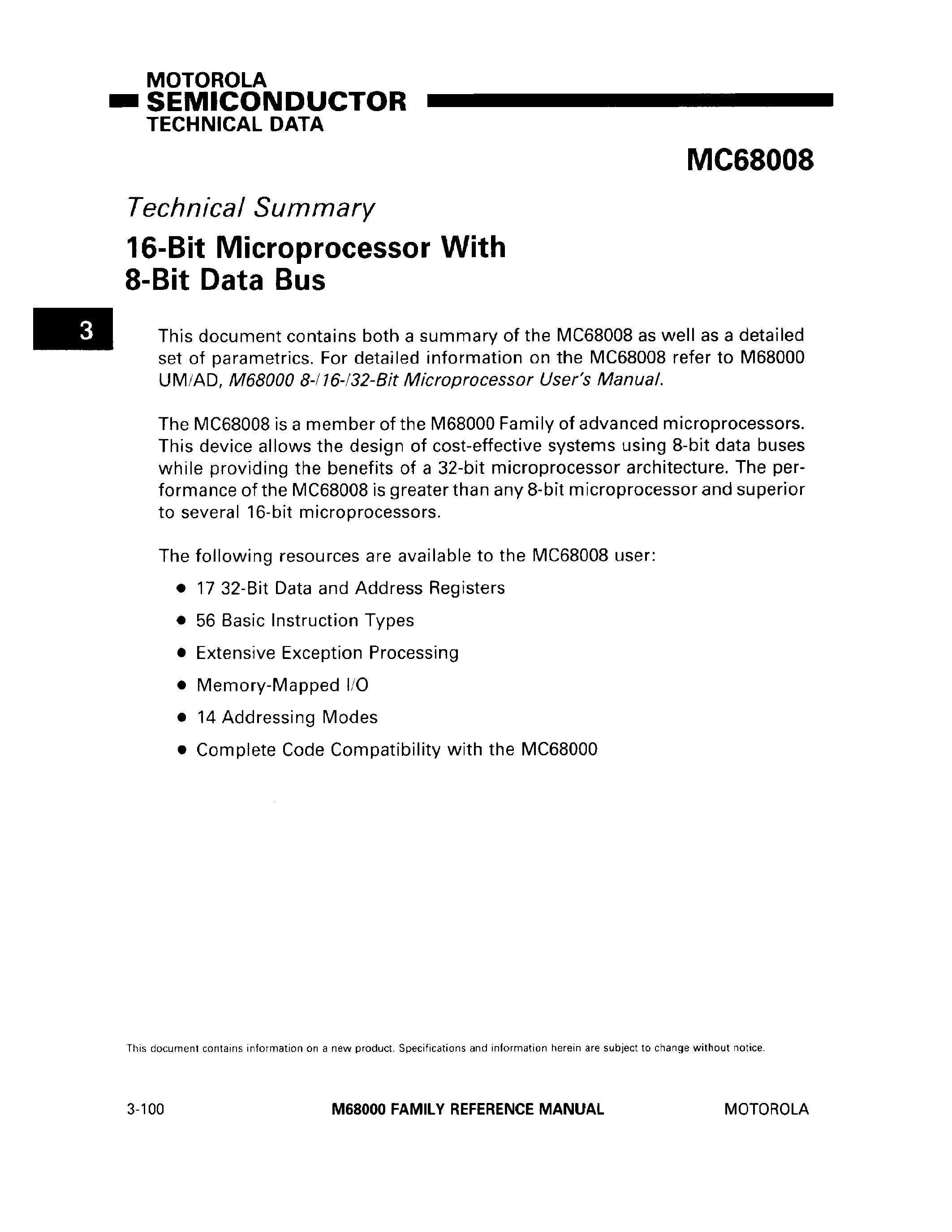 Datasheet MC68008 - 16-Bit Microprocessor With 8-Bit Data Bus page 1