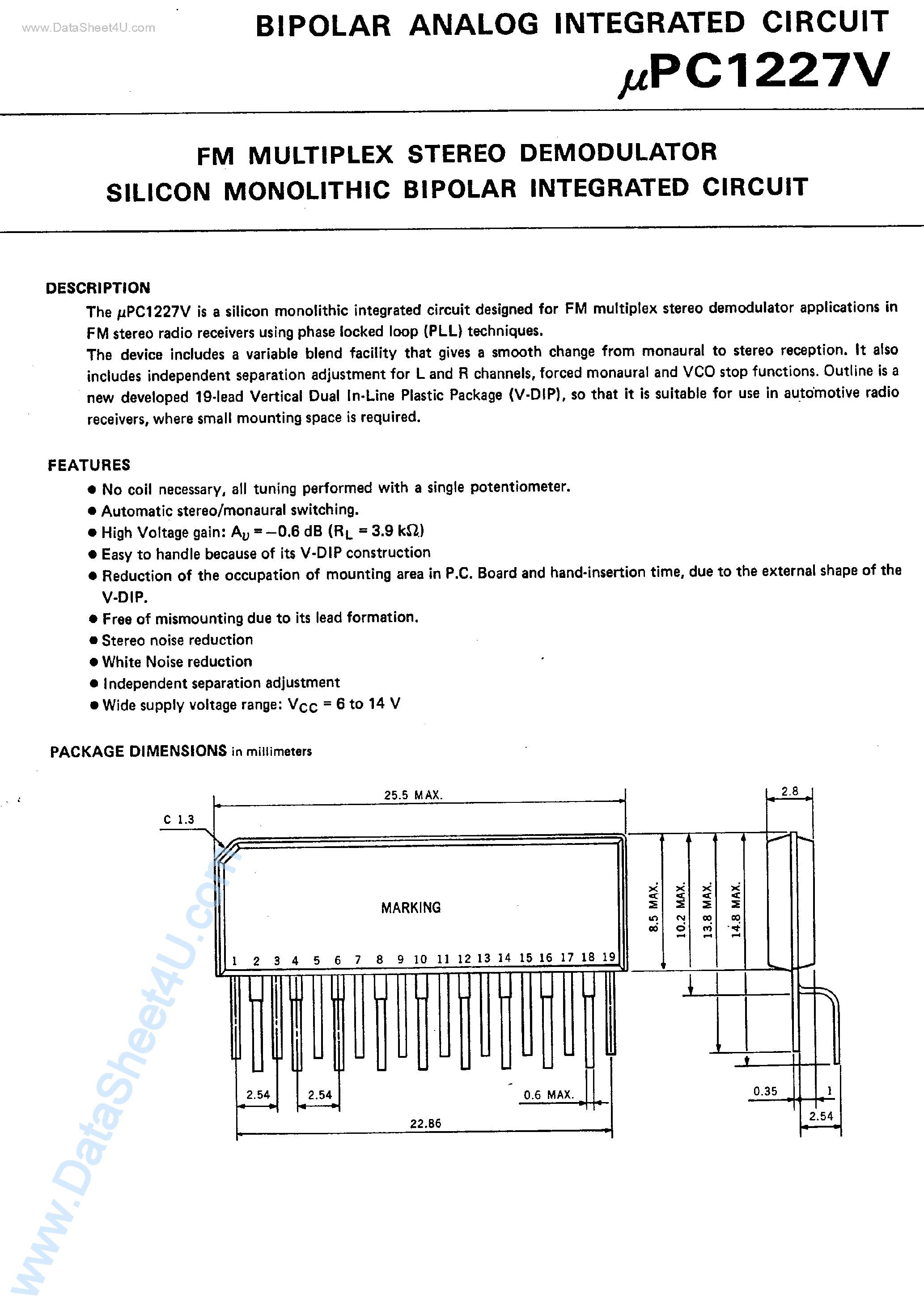 Datasheet UPC1227V page 1 Datasheet UPC1227V - FM Multiplex Stereo Demodulator page 1