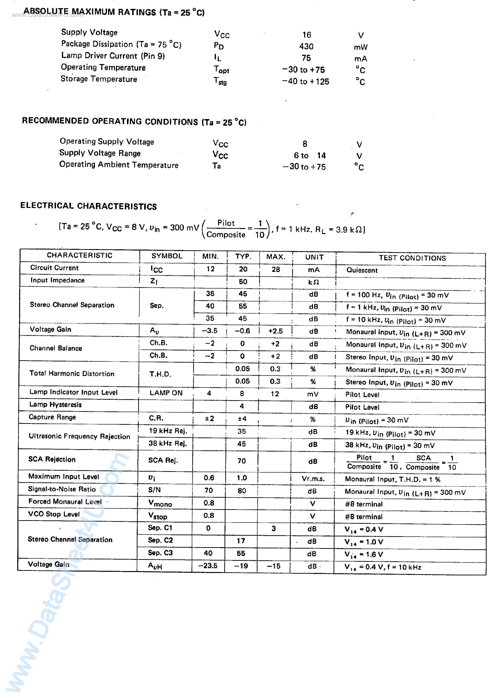 Datasheet UPC1227V page 2 Datasheet UPC1227V - FM Multiplex Stereo Demodulator page 2