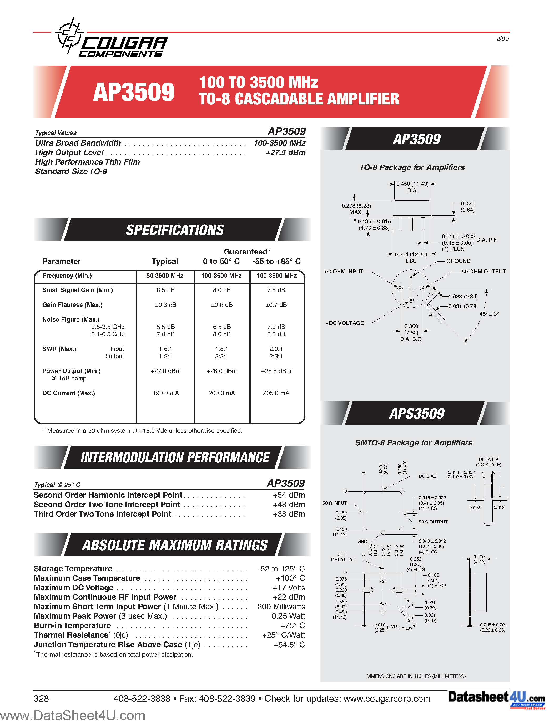 Даташит AP3509 - 100 to 3500 Mhz TO-8 Cascadable Amplifier страница 1