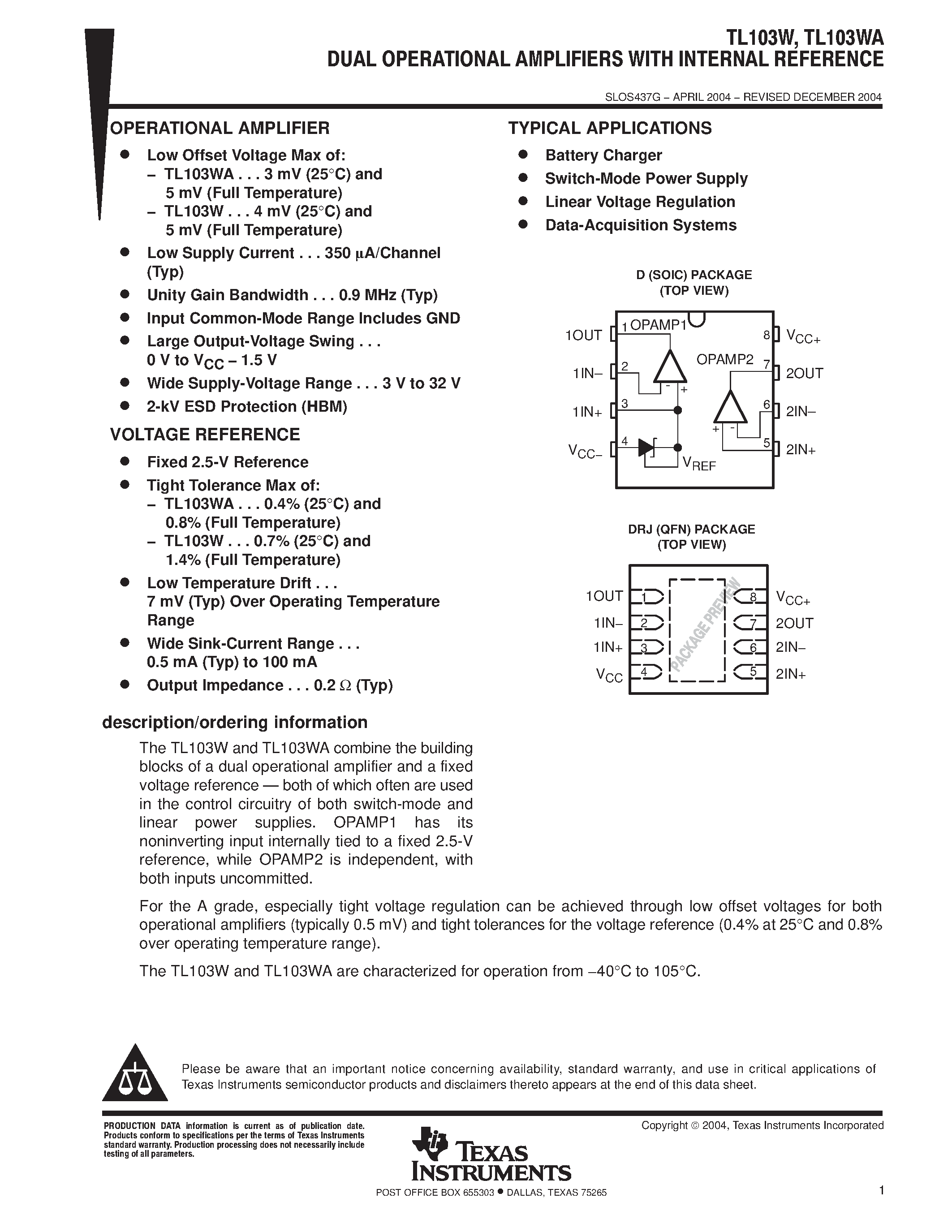 Datasheet TL103W - DUAL OPERATIONAL aMPLIFIERS WITH INTERNAL REFERENCE page 1