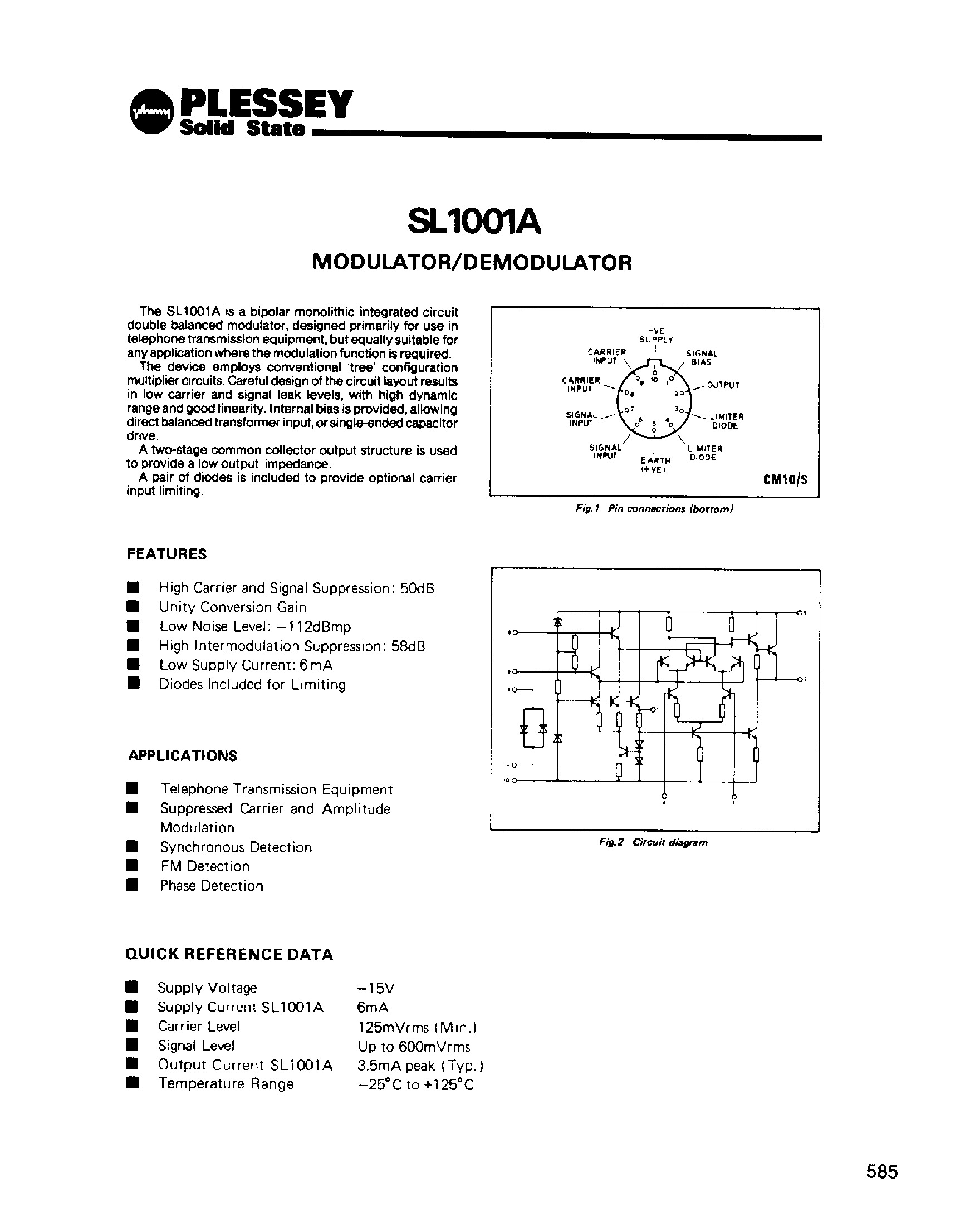 Даташит на микросхему SL1001A страница 1 Даташит SL1001A - Modulator / Demodulator страница 1