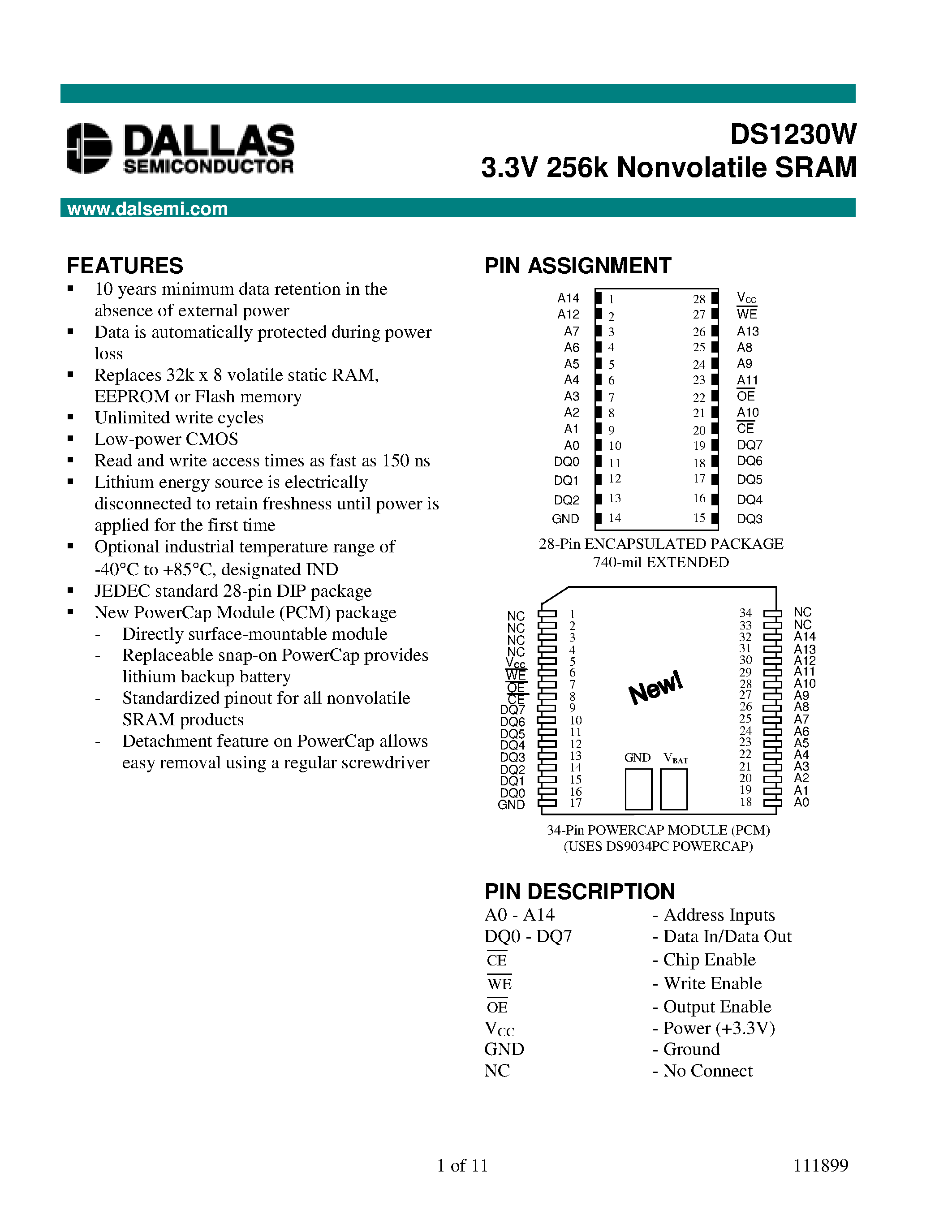 Datasheet DS1230W page 1 Datasheet DS1230W - 3.3V 256k Nonvolatile SRAM page 1