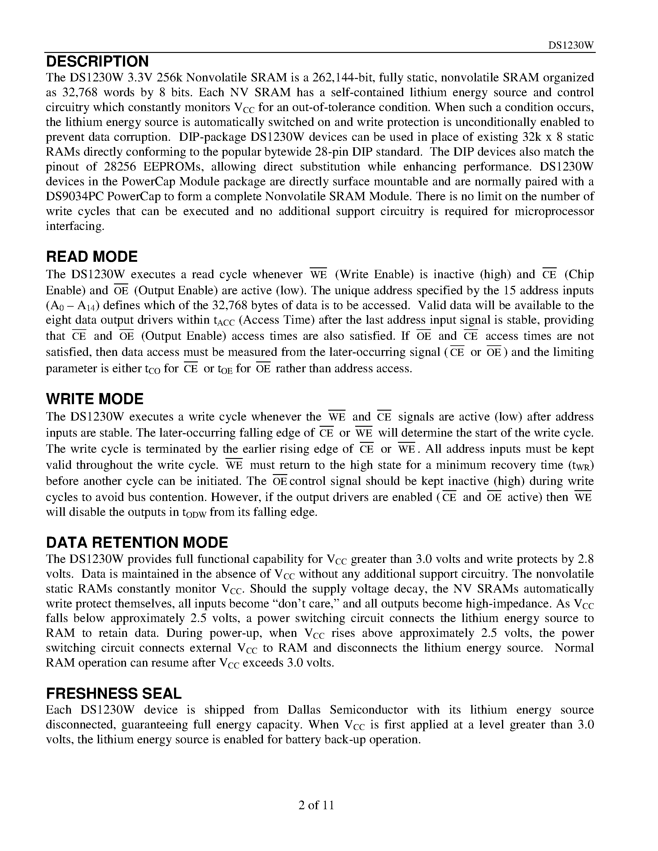 Datasheet DS1230W page 2 Datasheet DS1230W - 3.3V 256k Nonvolatile SRAM page 2