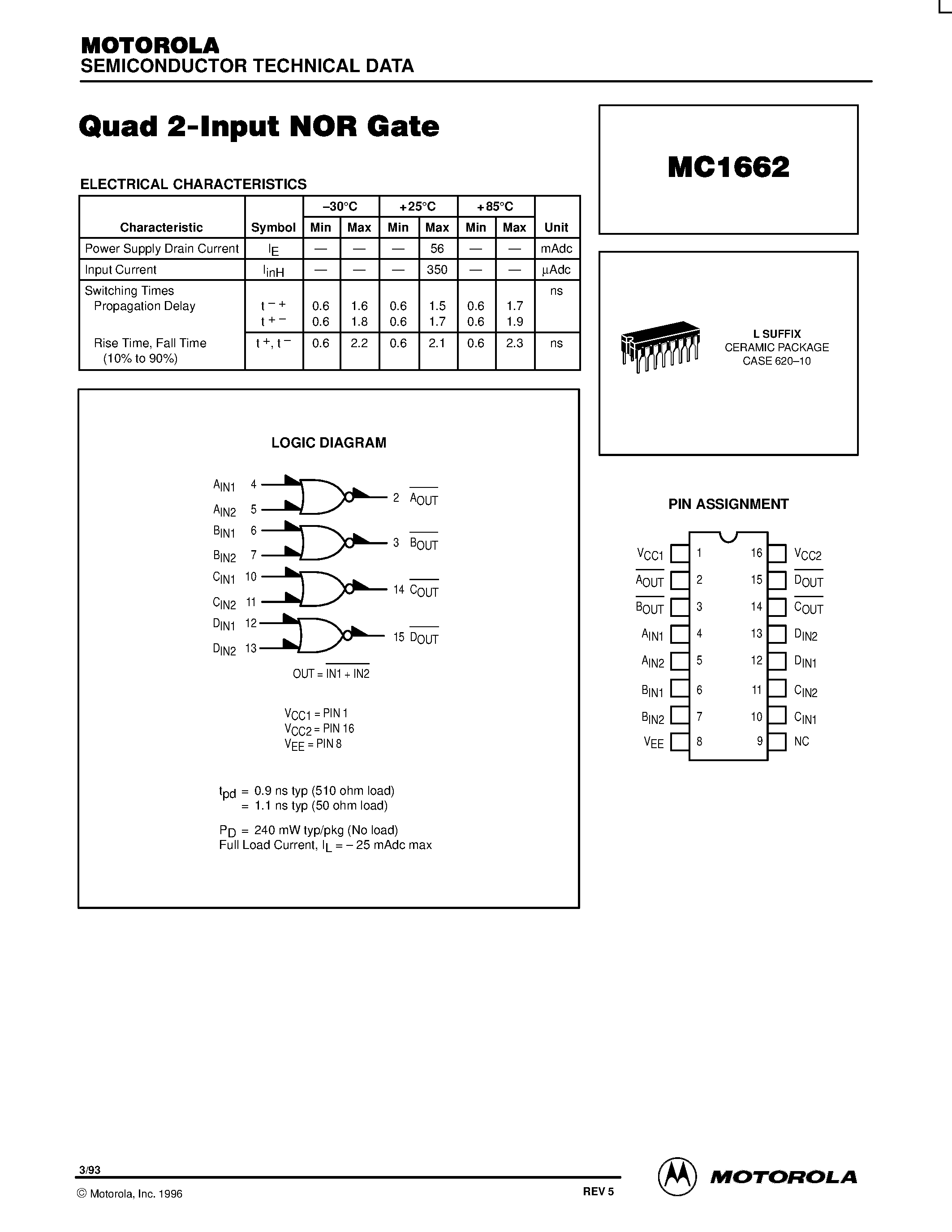 Даташит MC1662 - Quad 2-Input NOR Gate страница 1
