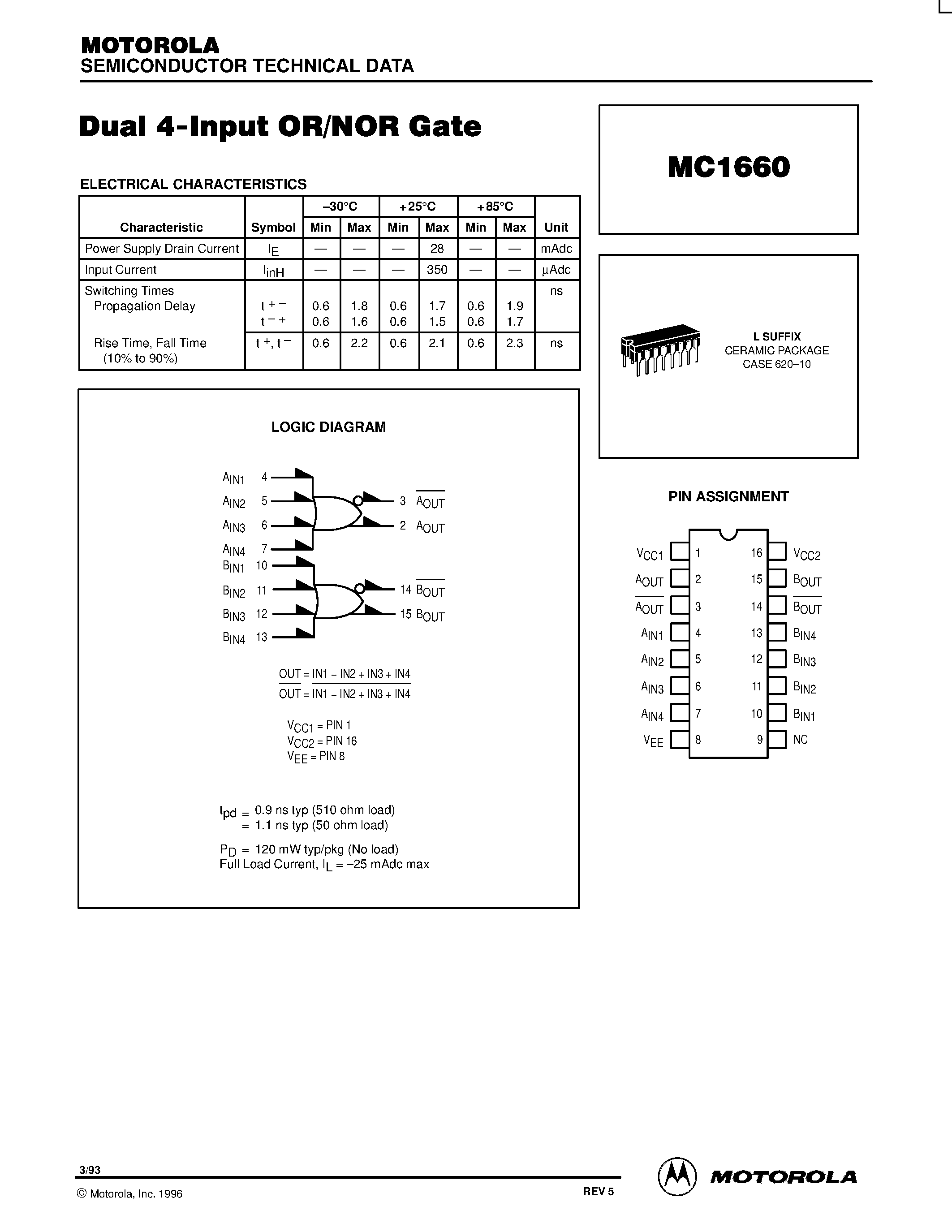 Даташит MC1660 - Dual 4-Input OR/NOR Gate страница 1