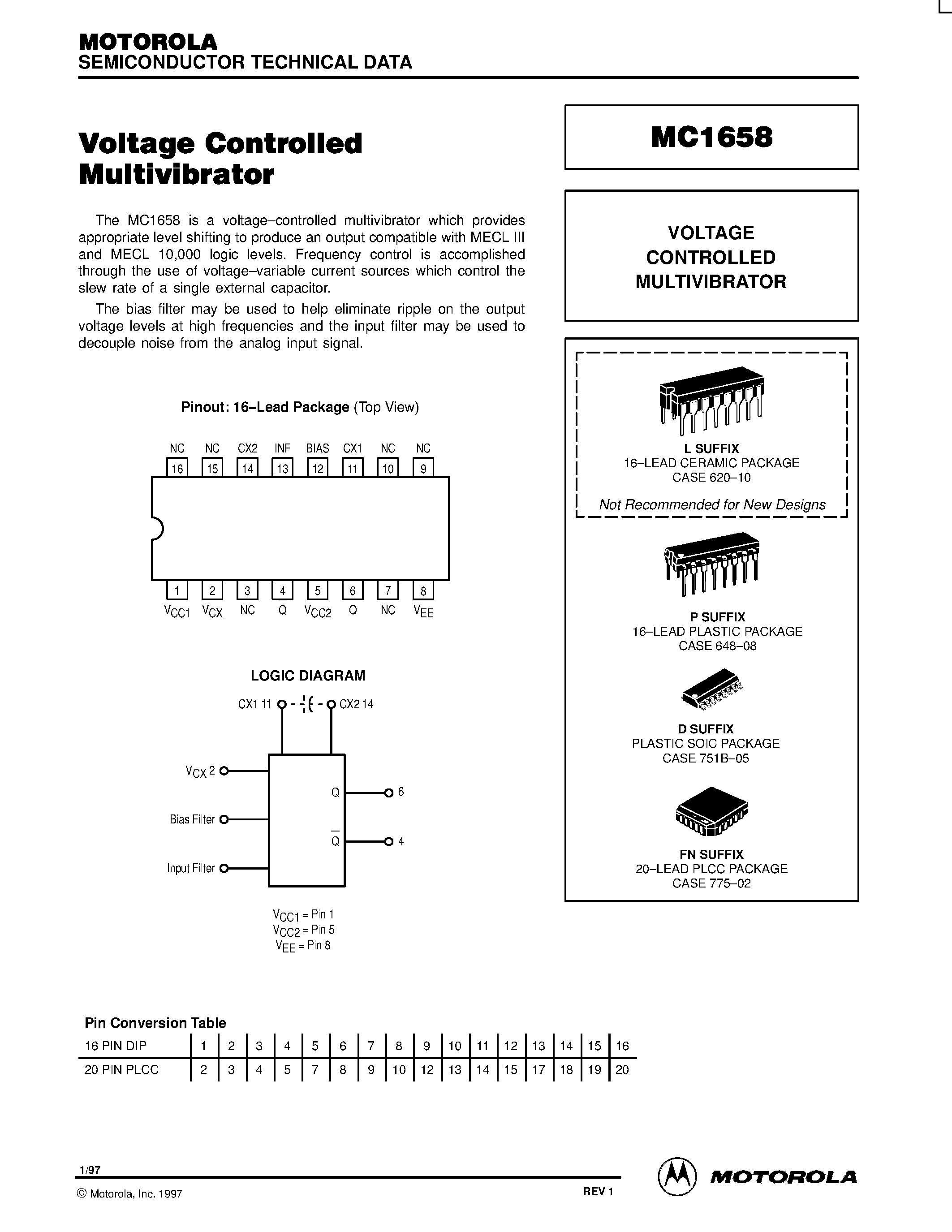Даташит на микросхему MC1658 страница 1 Даташит MC1658 - Voltage Controlled Multivibrator страница 1