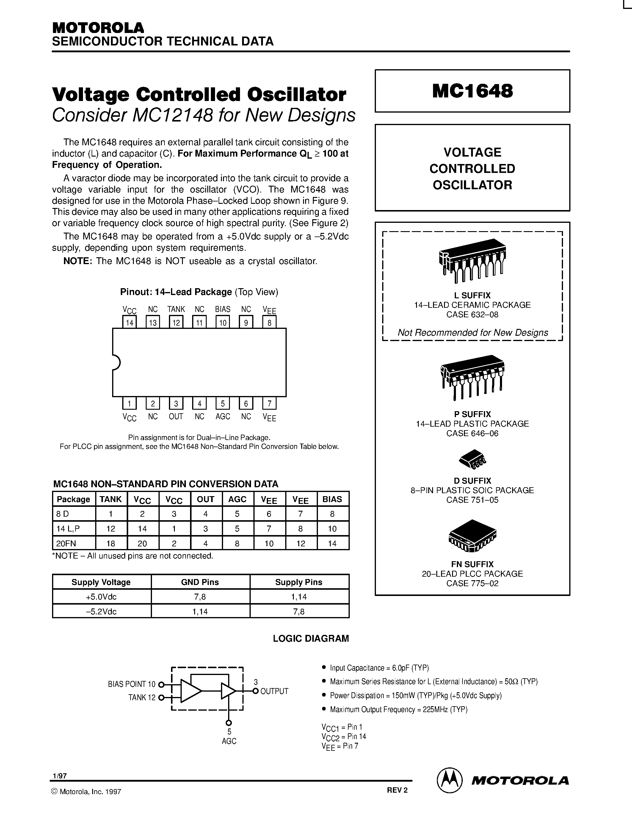 Даташит на микросхему MC1648 страница 1 Даташит MC1648 - Voltage Controlled Oscillator страница 1