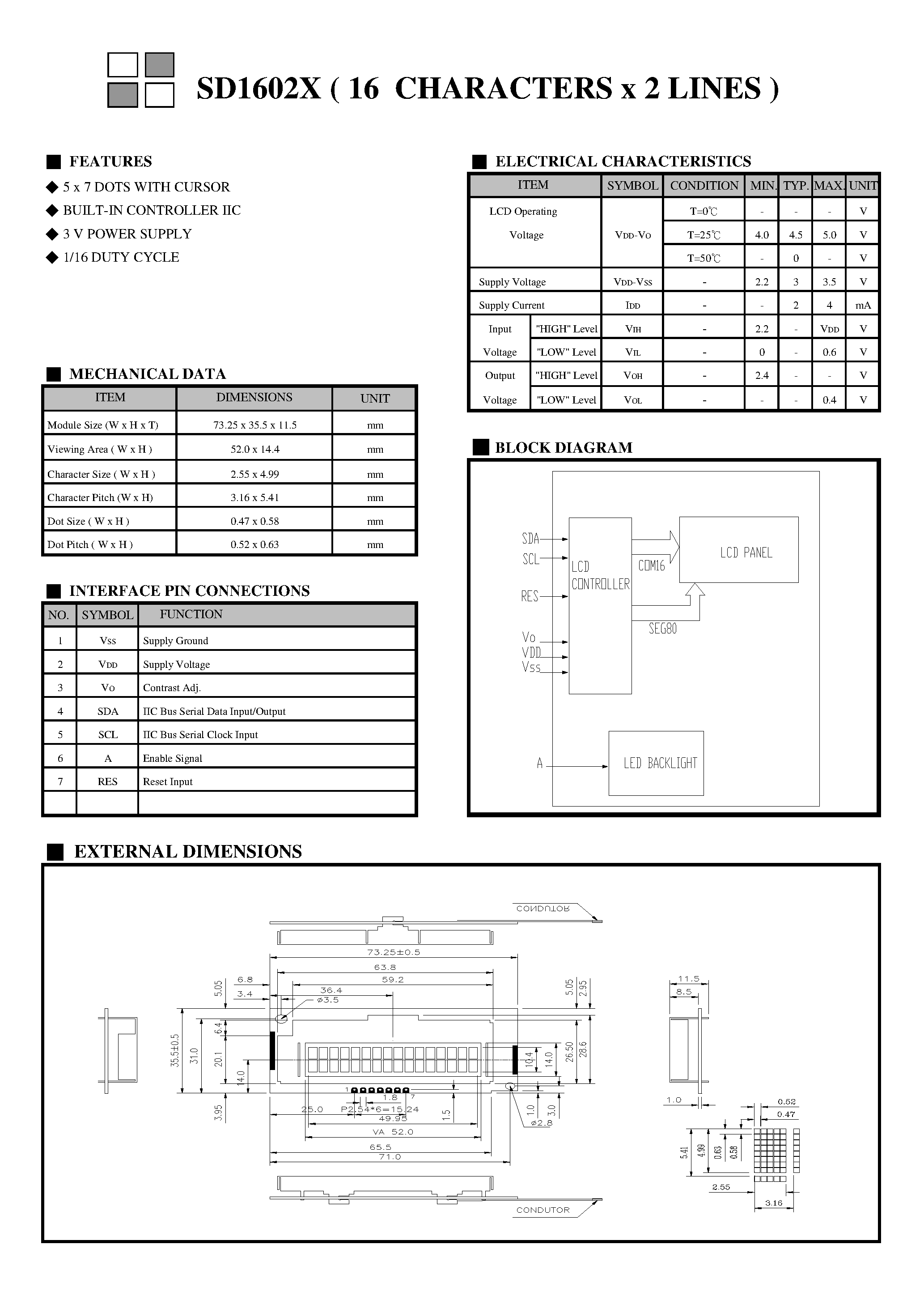 Datasheet SD1602X page 1 Datasheet SD1602X - 16 Characters x 2 Lines page 1