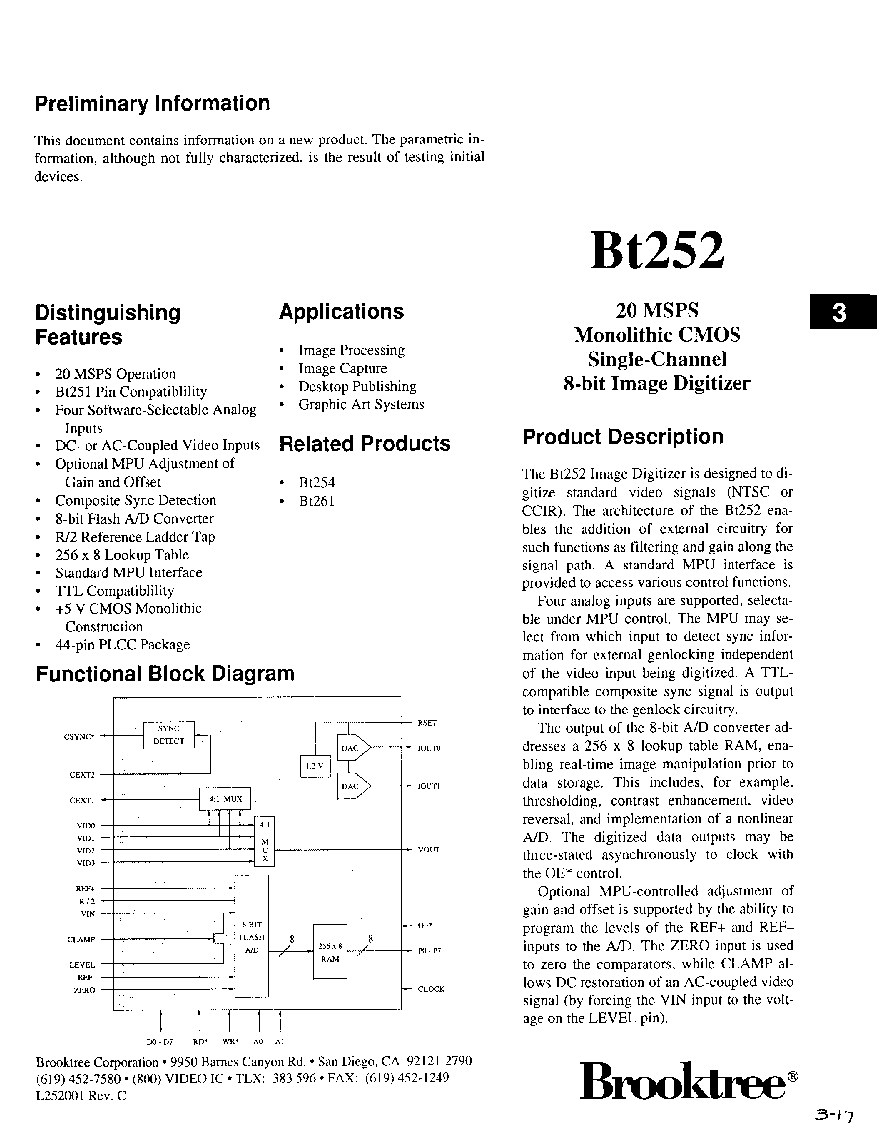Даташит на микросхему BT252 страница 1 Даташит BT252 - 20 MSPS Monolithic CMOS Single-Channel 8 Bit Image Digitizer страница 1