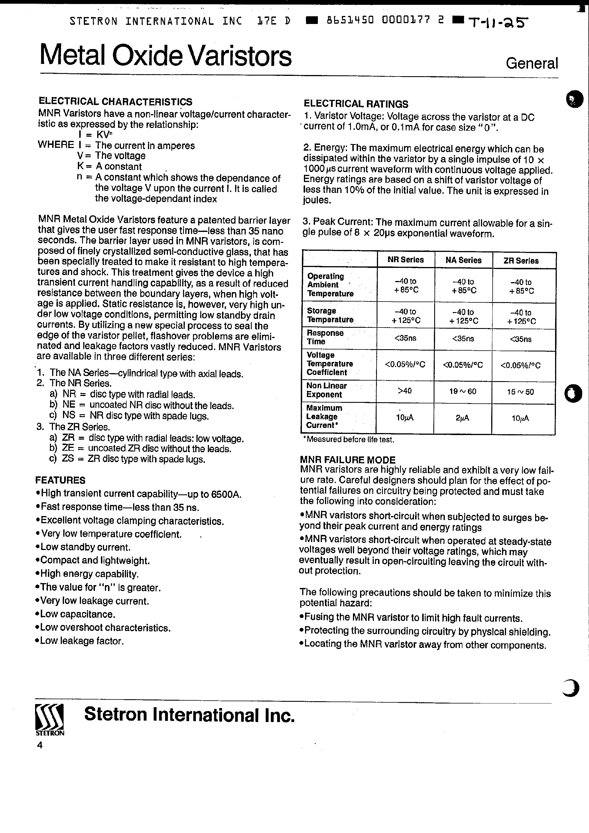 Datasheet 0330NRxx-x - Metal Oxide Varistors page 2