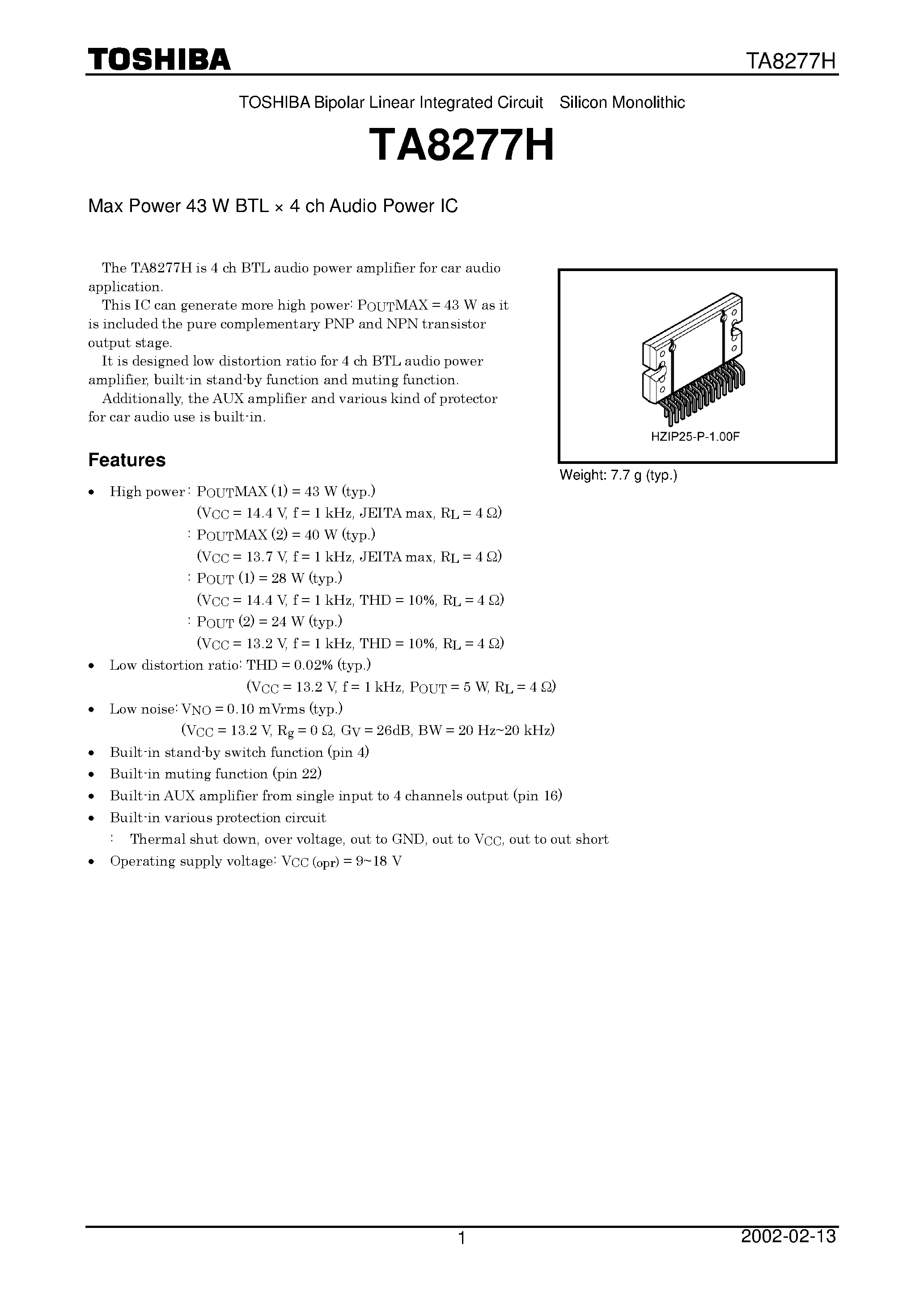 Datasheet TA8277H - MAX POWER 43 W BTL x 4 CH AUDIO POWER IC page 1