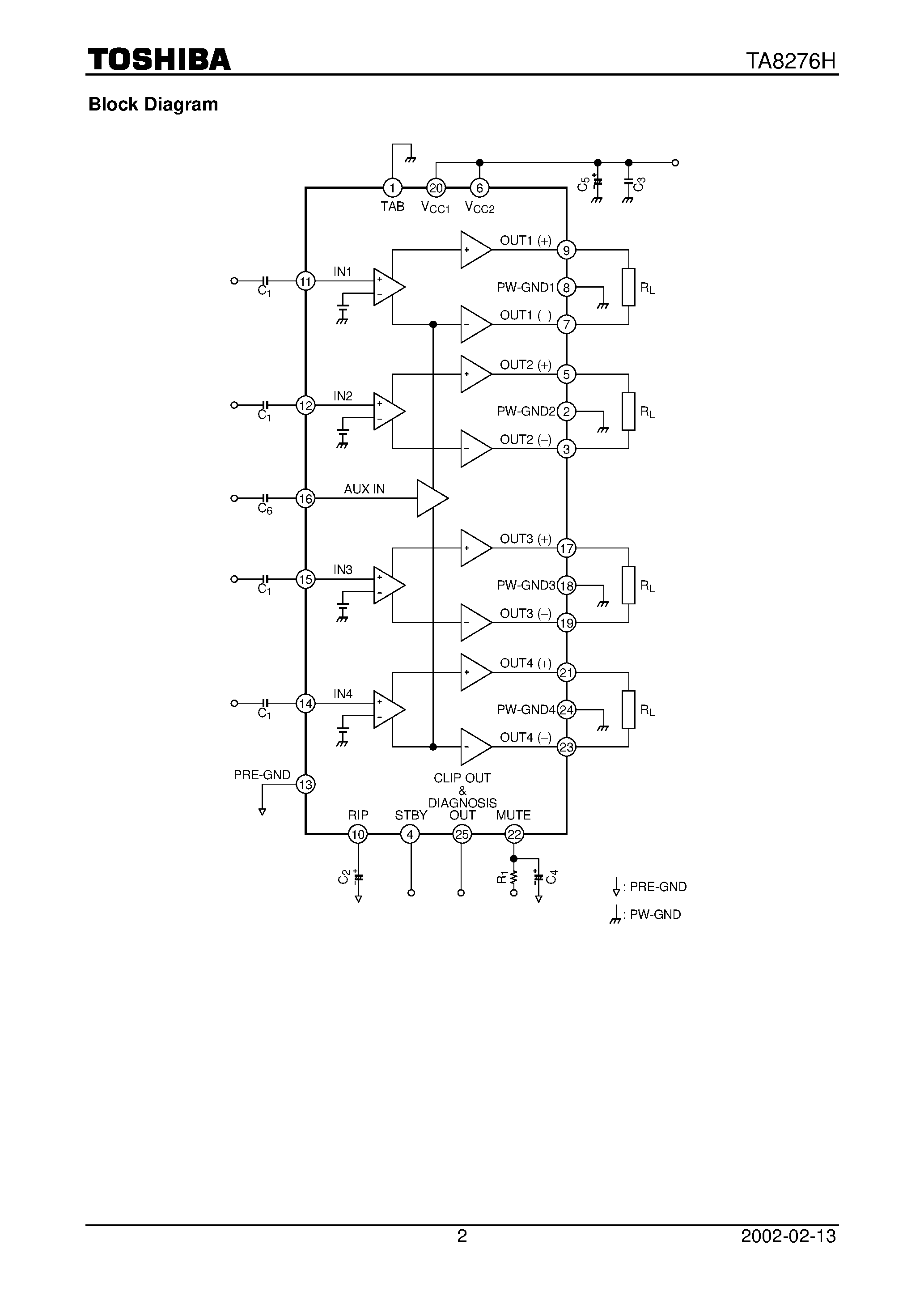Datasheet TA8276H - Max Power 35 W BTL x 4 ch Audio Power IC page 2