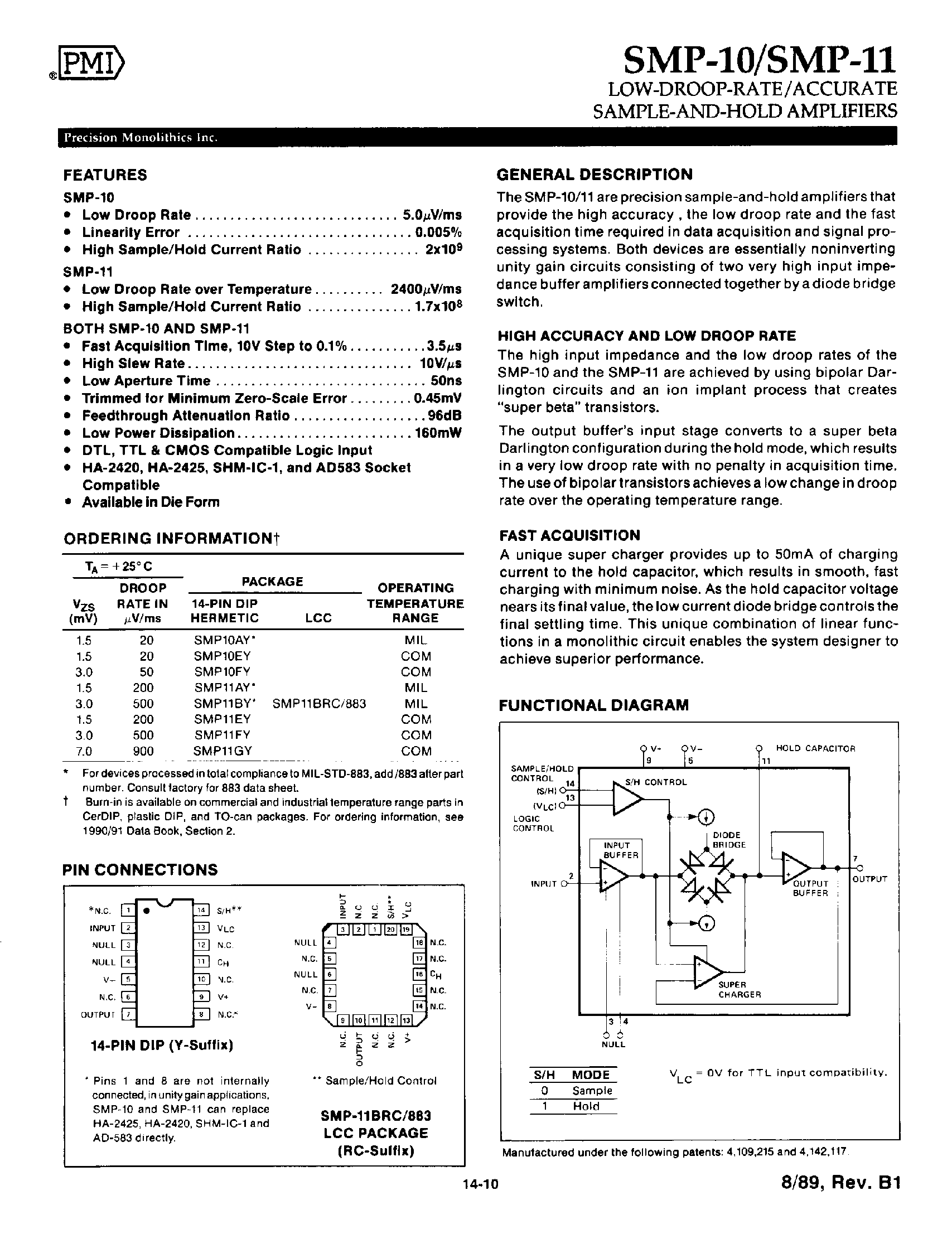 Datasheet SMP11G - Low Droop Rate / Accurate / Sample and Hold Amplifiers page 1